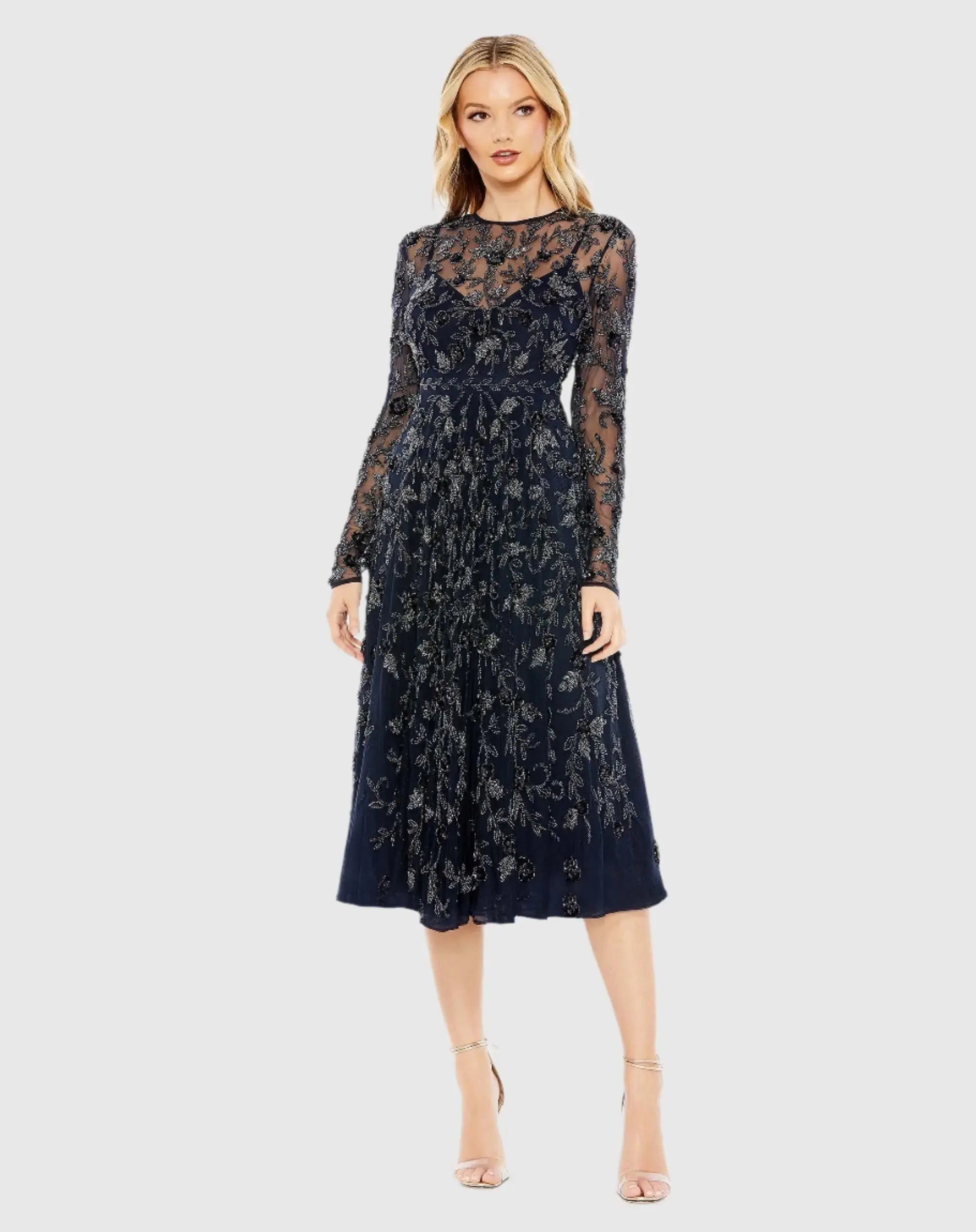 Navy Beaded Illusion High Neck Long Sleeve A Line Gown