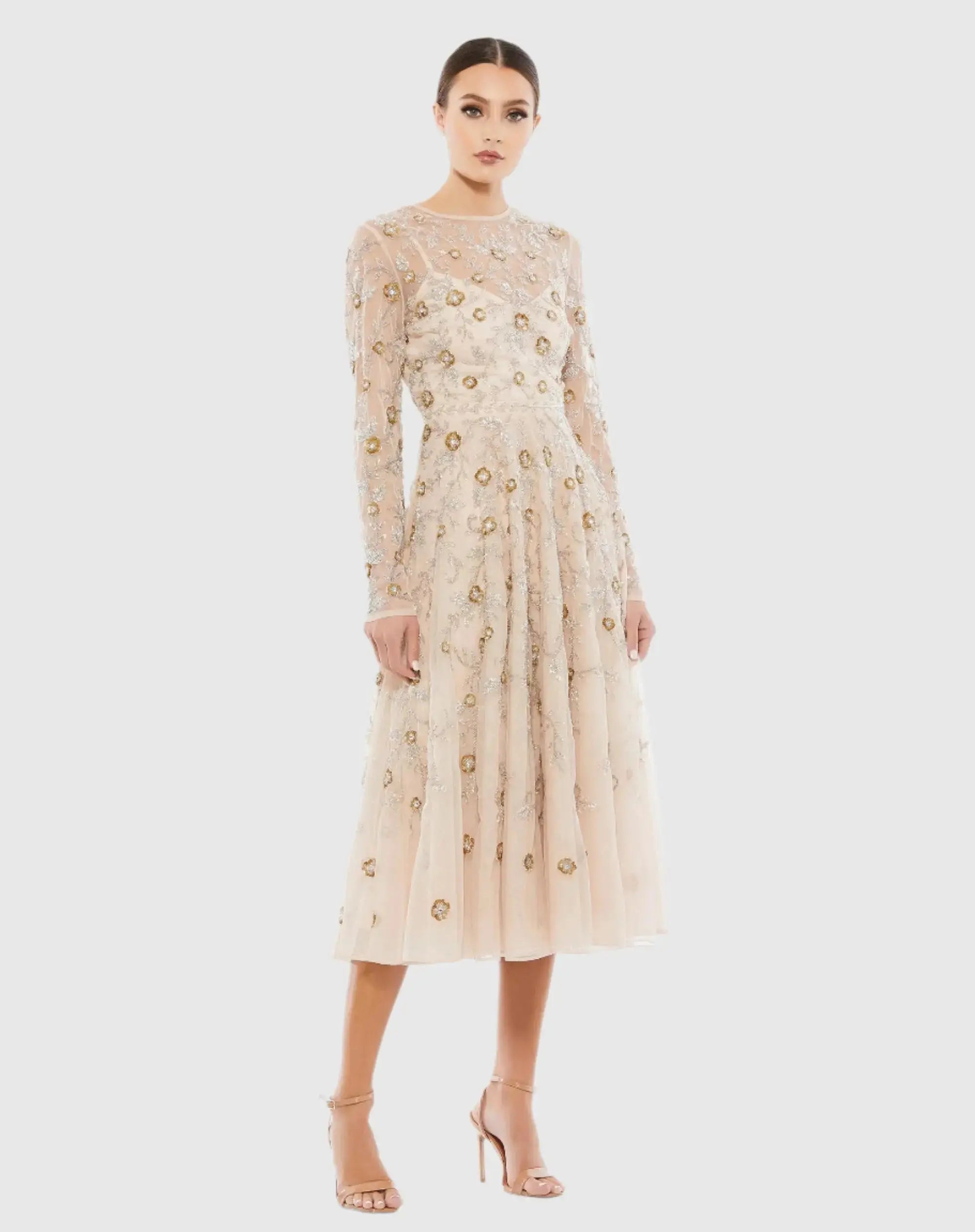 Beige Beaded Illusion High Neck Long Sleeve A Line Gown