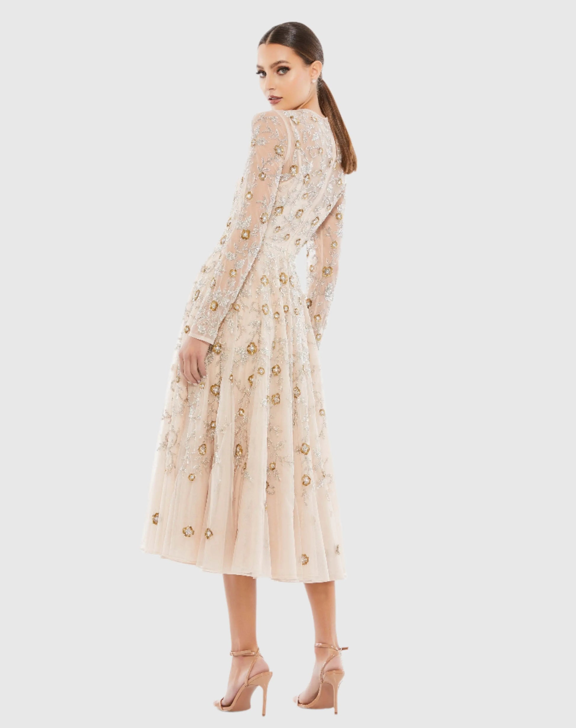 Beige Beaded Illusion High Neck Long Sleeve A Line Gown - Mac Duggal