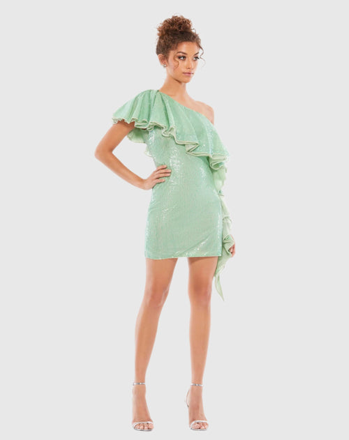 ROBE DE COCKTAIL À UNE ÉPAULE À VOLANTS