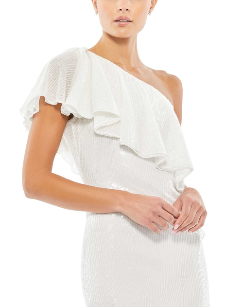 White One Shoulder Ruffled Sequin Mini Dress