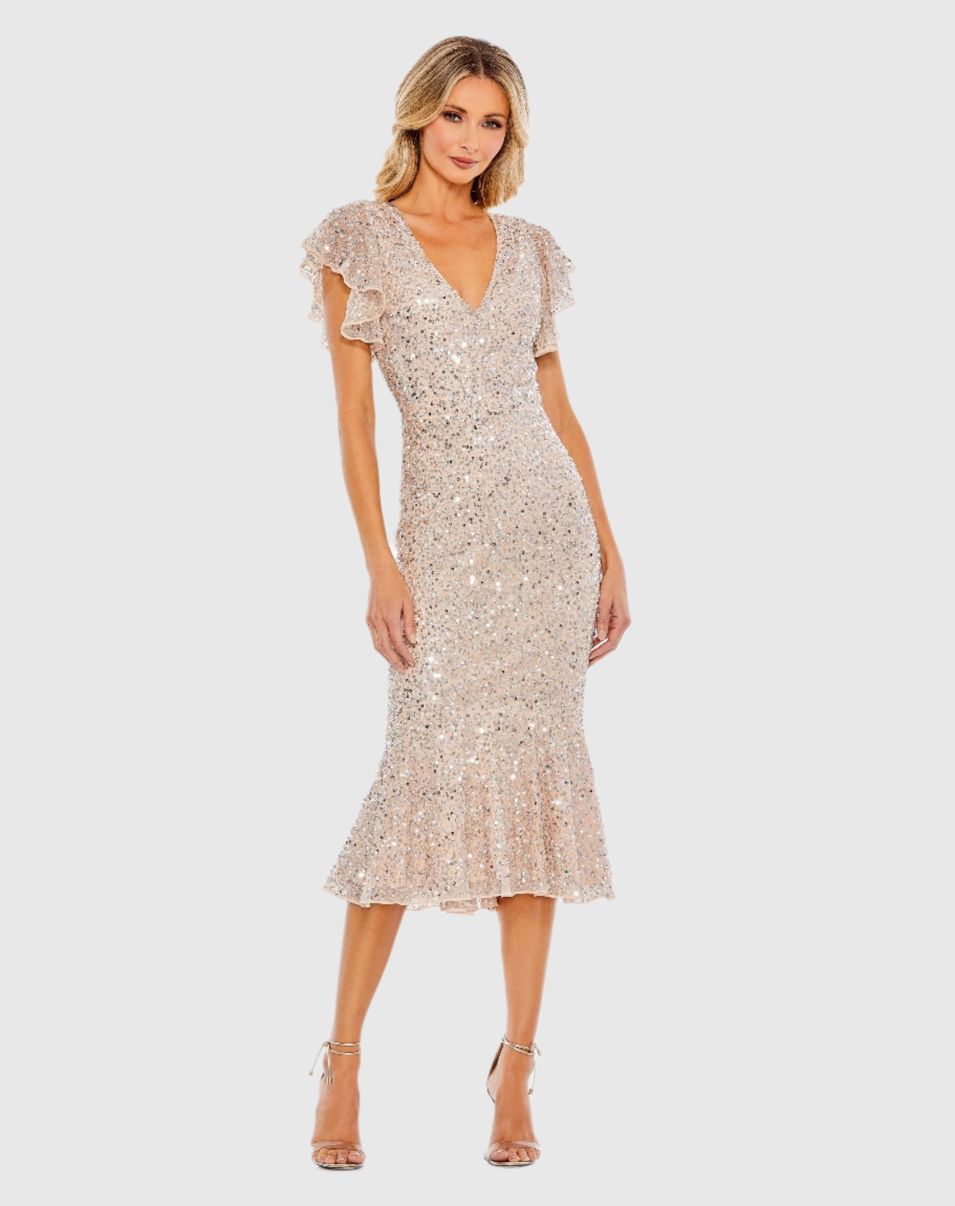 Sequined V Neck Flutter Cap Sleeve Trumpet Dress