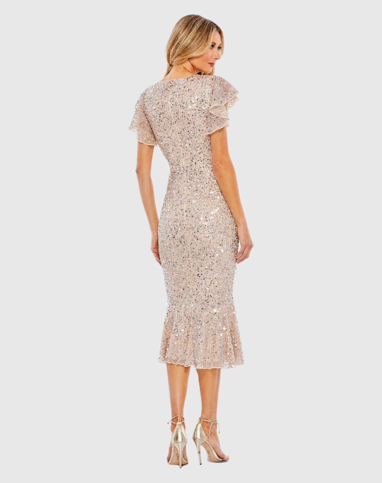 Sequined V Neck Flutter Cap Sleeve Trumpet Dress