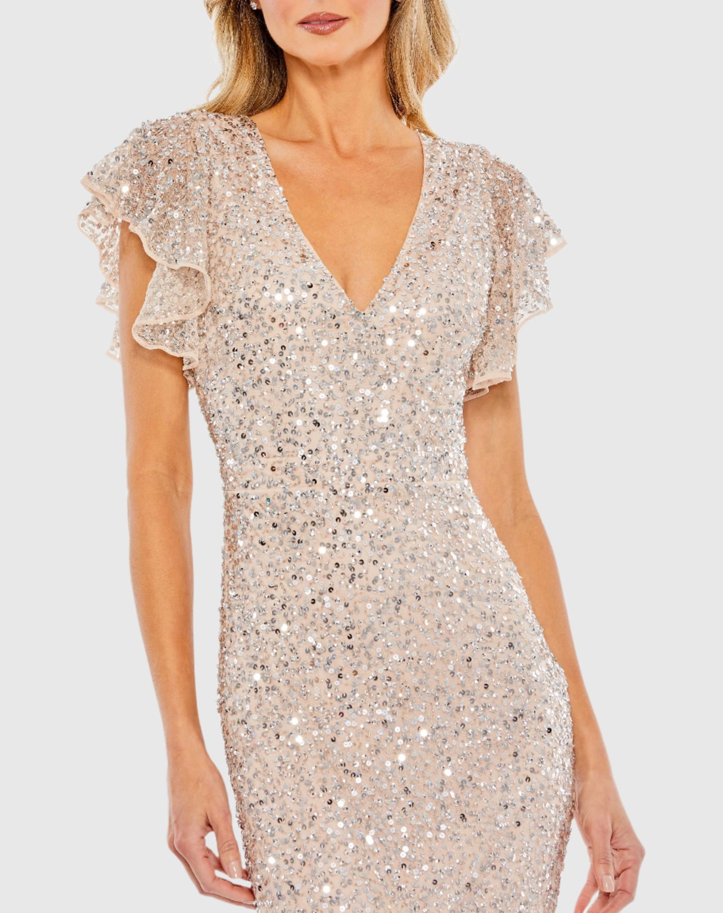 Sequined V Neck Flutter Cap Sleeve Trumpet Dress