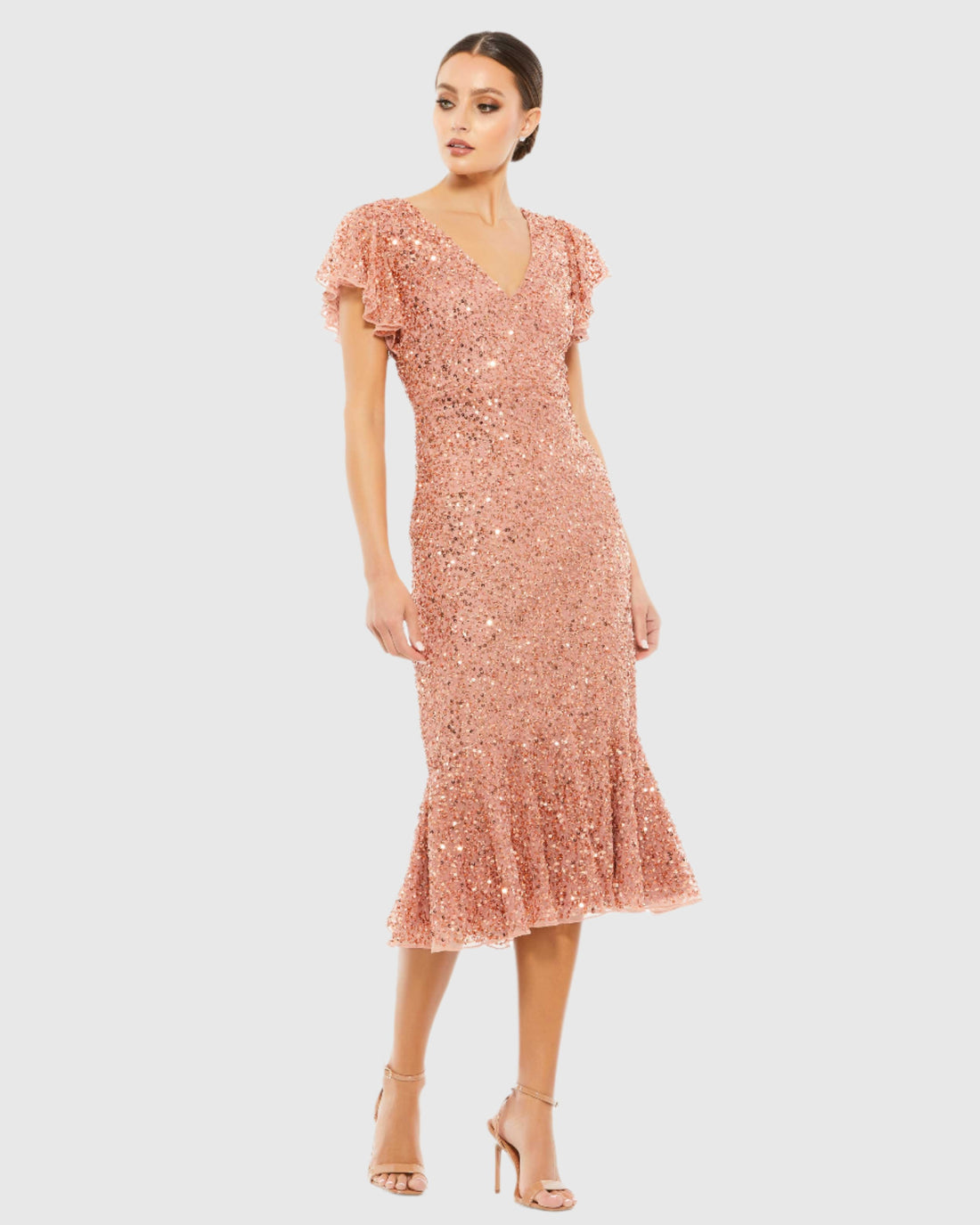 Sequined V Neck Flutter Cap Sleeve Trumpet Dress