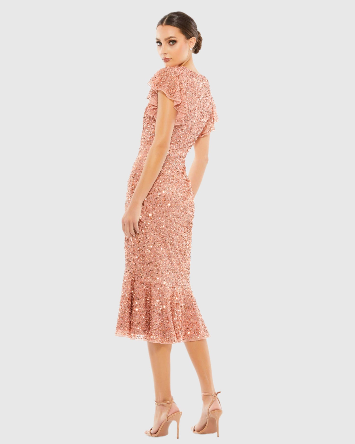 Sequined V Neck Flutter Cap Sleeve Trumpet Dress