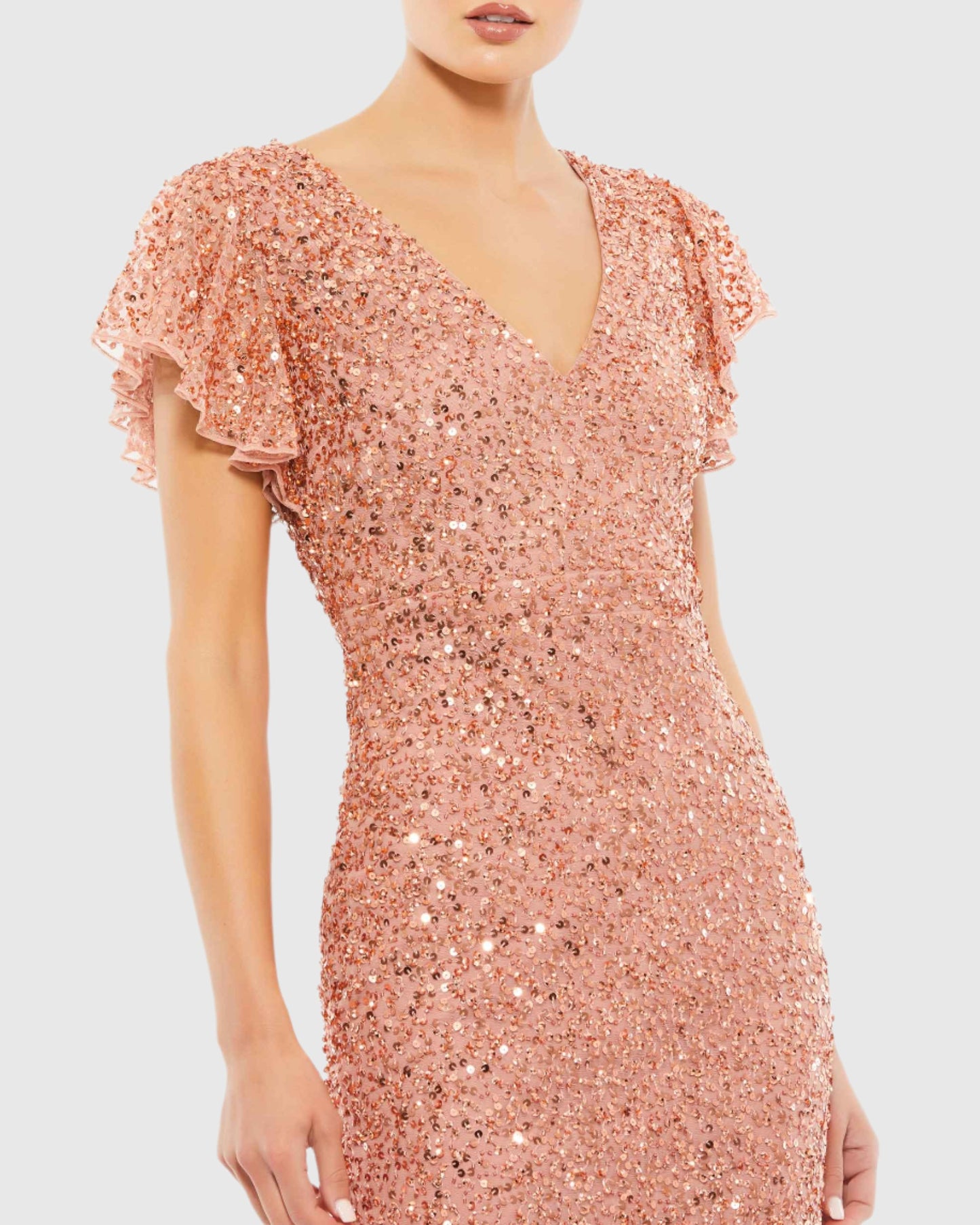 Sequined V Neck Flutter Cap Sleeve Trumpet Dress