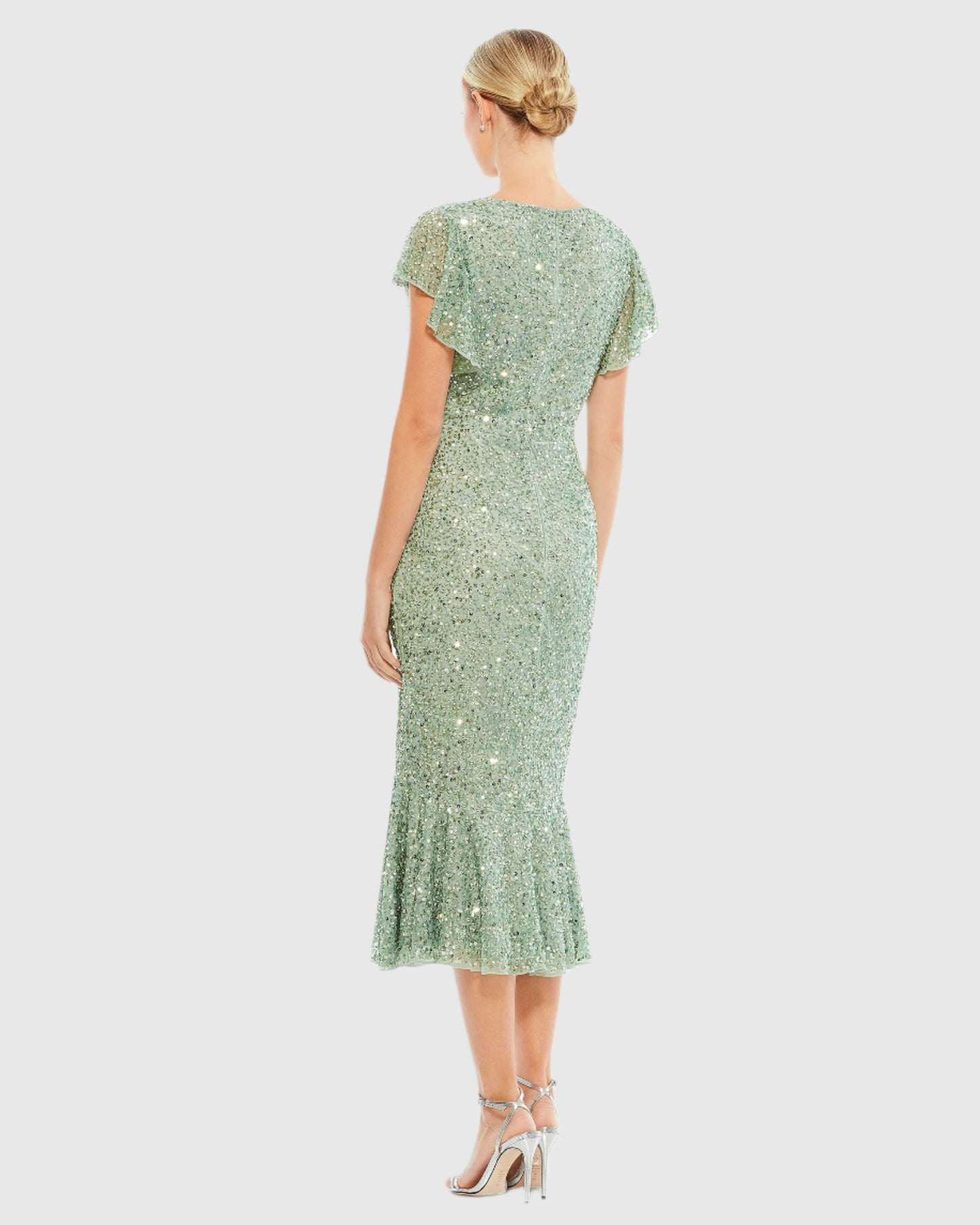 Sequined V Neck Flutter Cap Sleeve Trumpet Dress