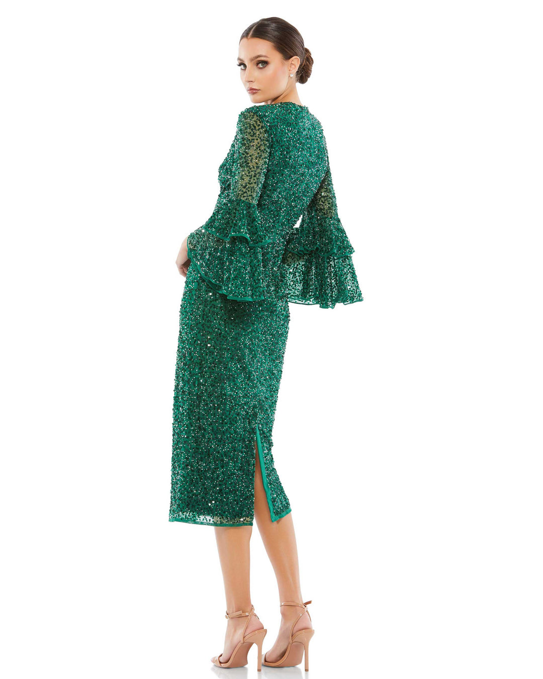 Fully Sequined Ruffle Tiered 3/4 Sleeve Midi Dress – Mac Duggal
