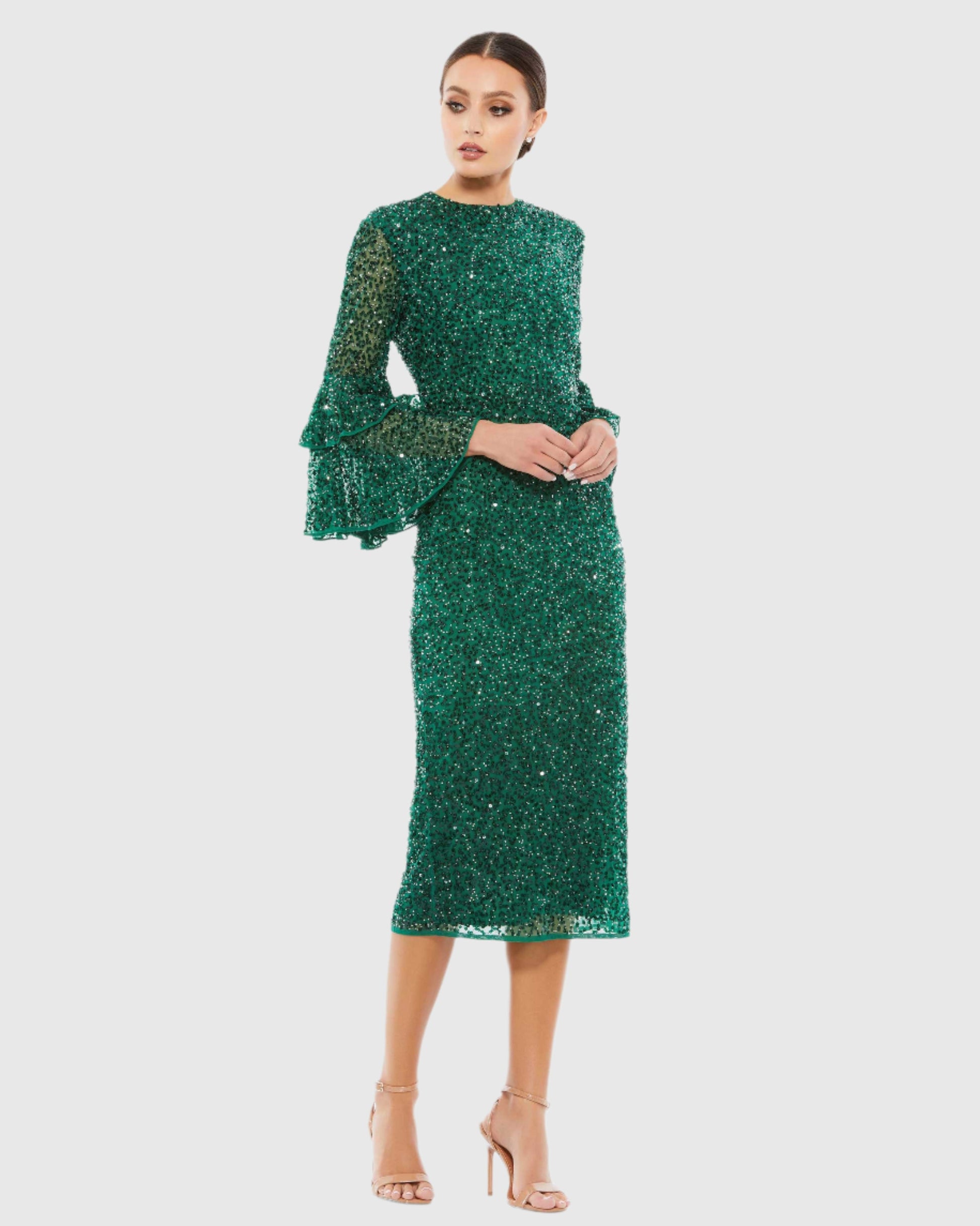 Fully Sequined Ruffle Tiered 3/4 Sleeve Midi Dress