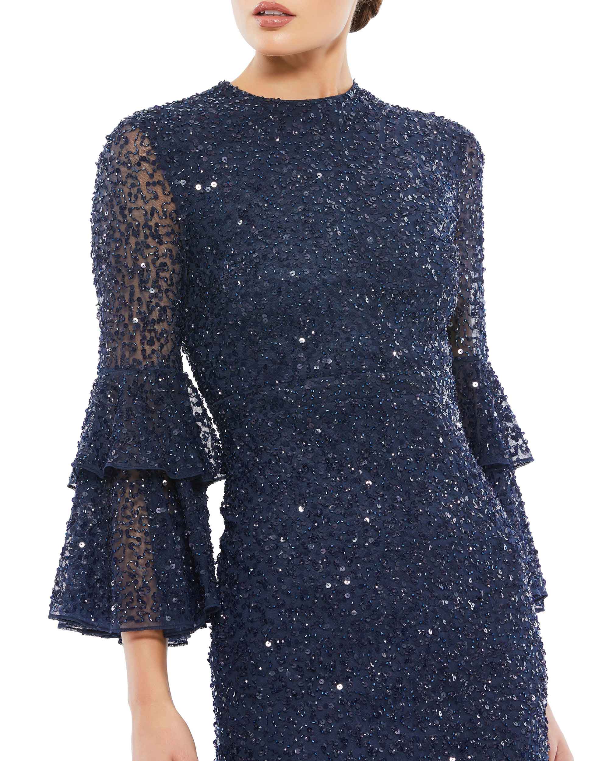 Fully Sequined Ruffle Tiered 3/4 Sleeve Midi Dress