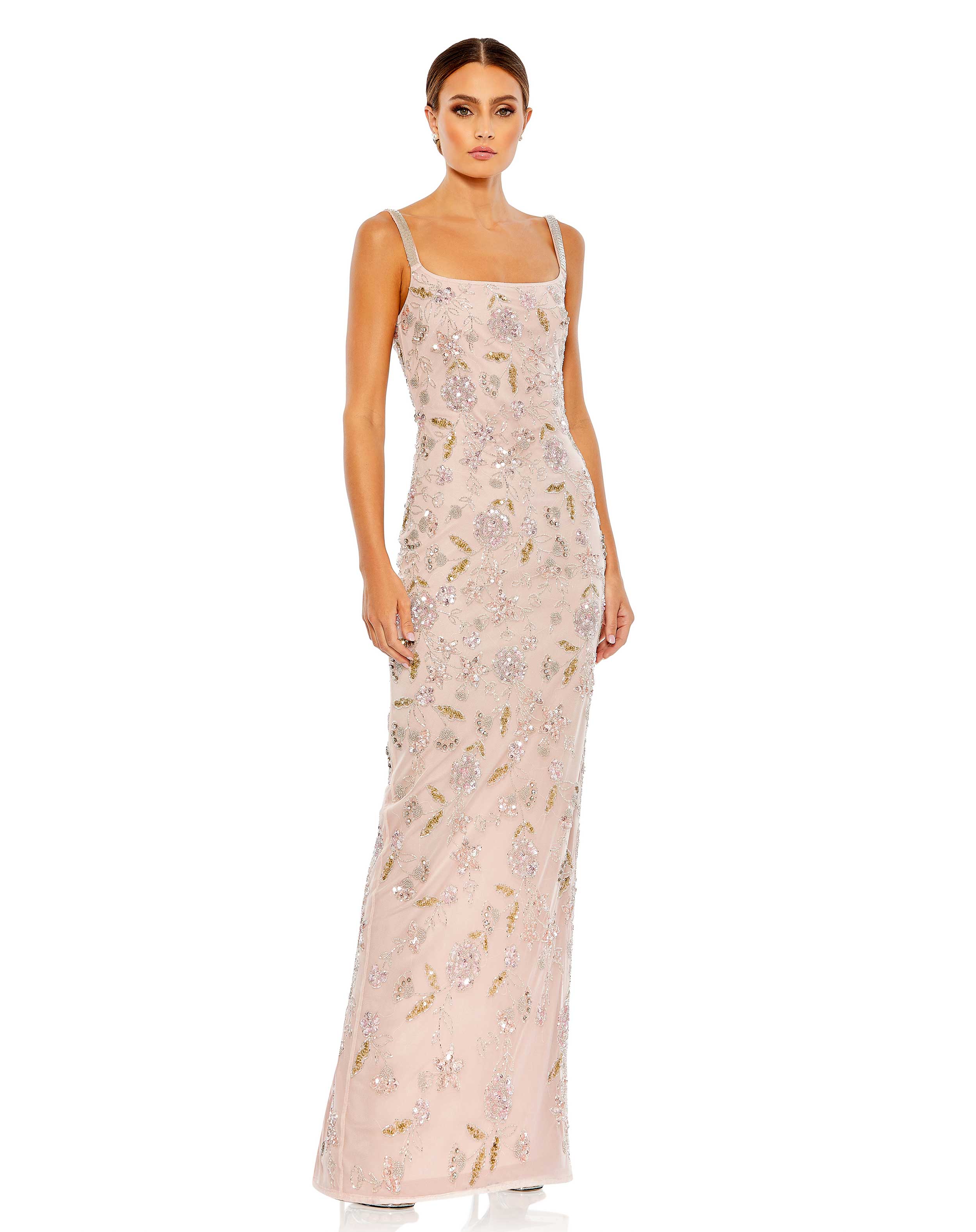 Hand Beaded Floral Gown with Beaded Spaghetti Straps