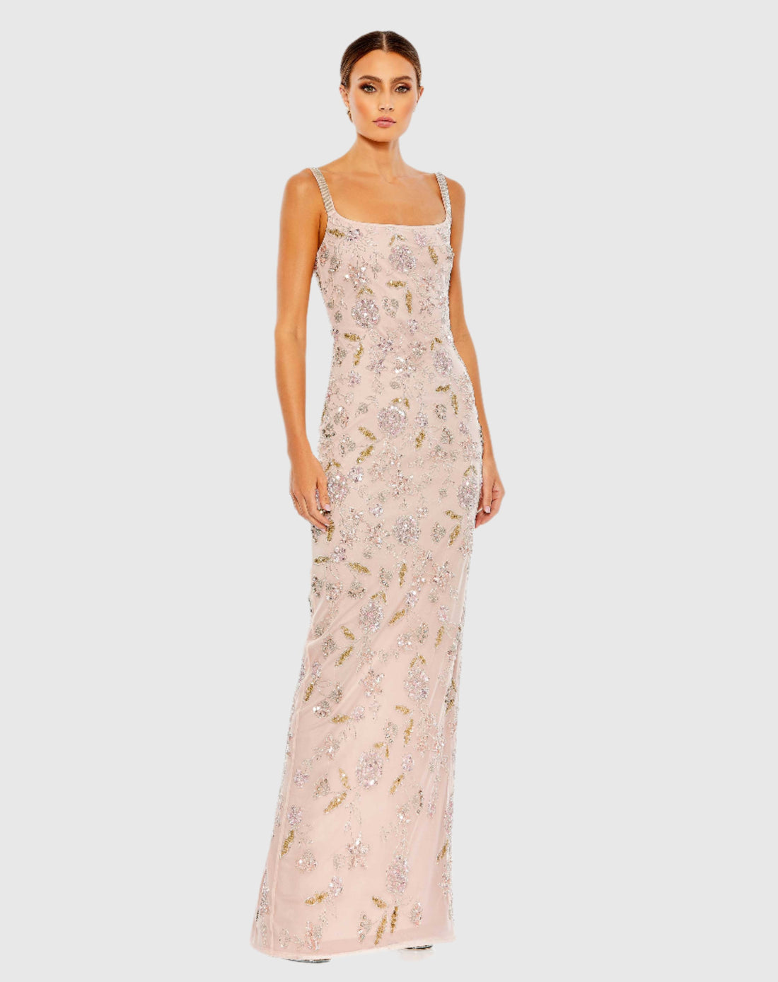 Hand Beaded Floral Gown with Beaded Spaghetti Straps