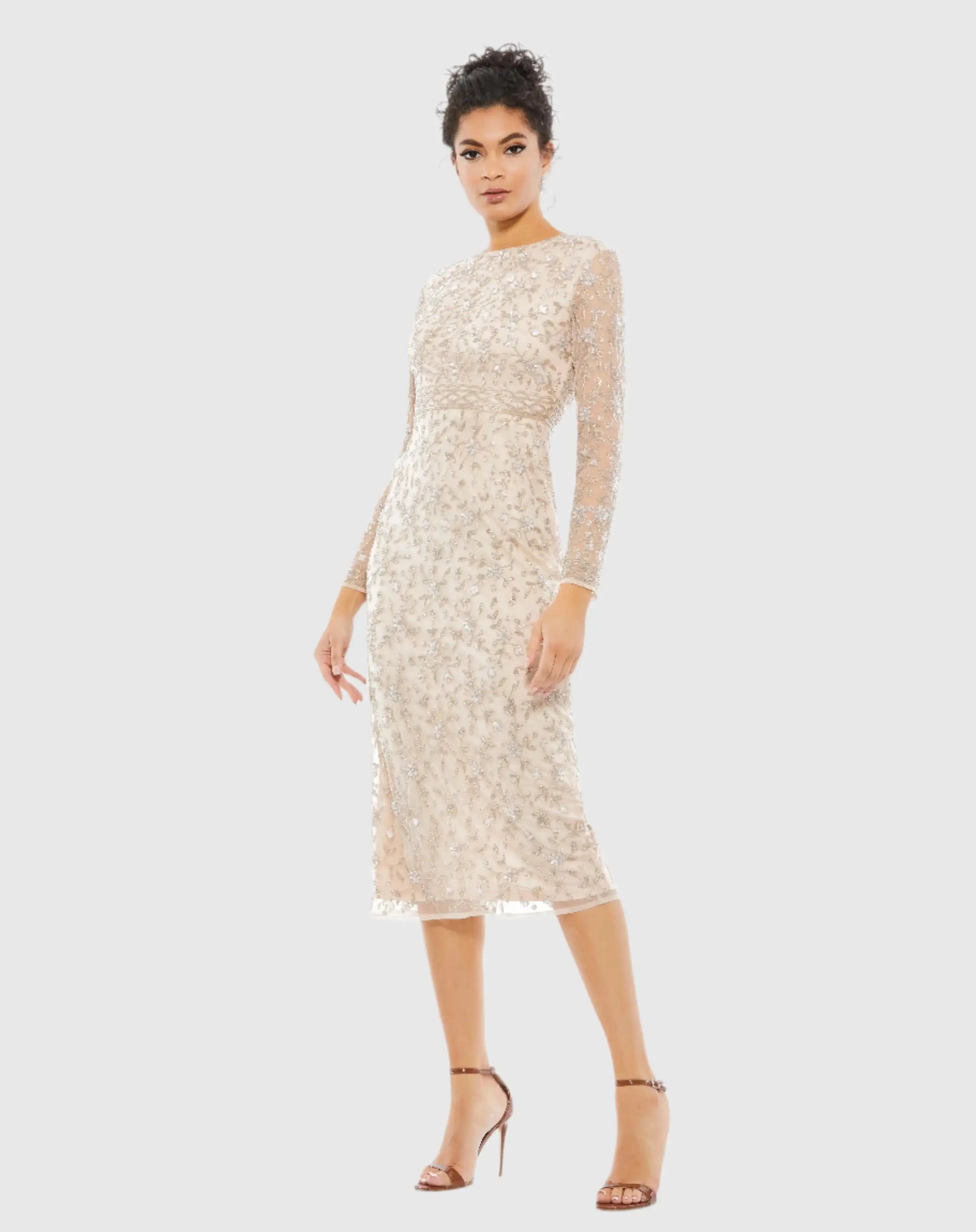 Beaded Tea Length Dress w/ Sheer Sleeves - Mac Duggal Beaded Tea Length Dress w/ Sheer Sleeves - Mac Duggal