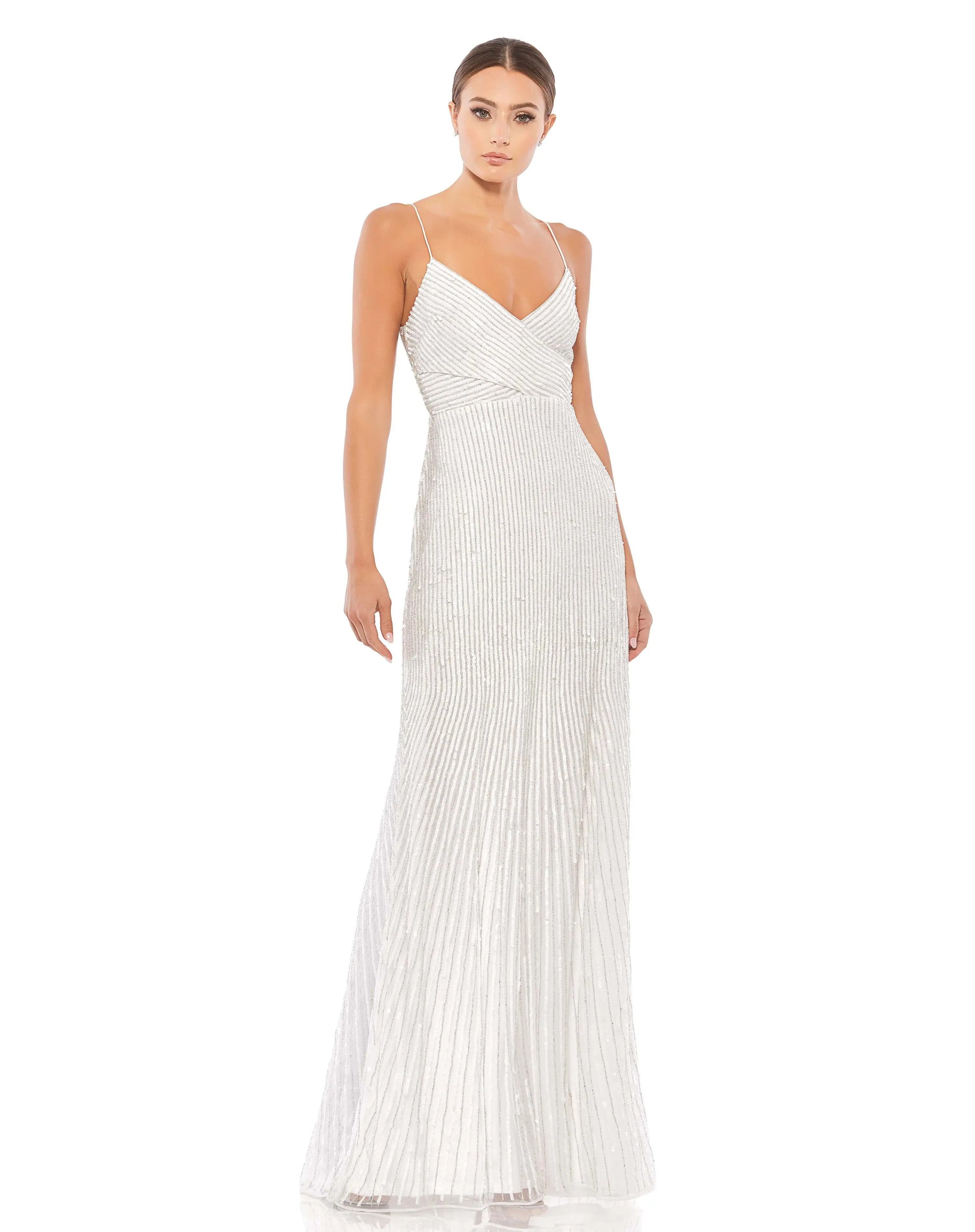 White Sequin Spaghetti Strap Gown - Mac Duggal