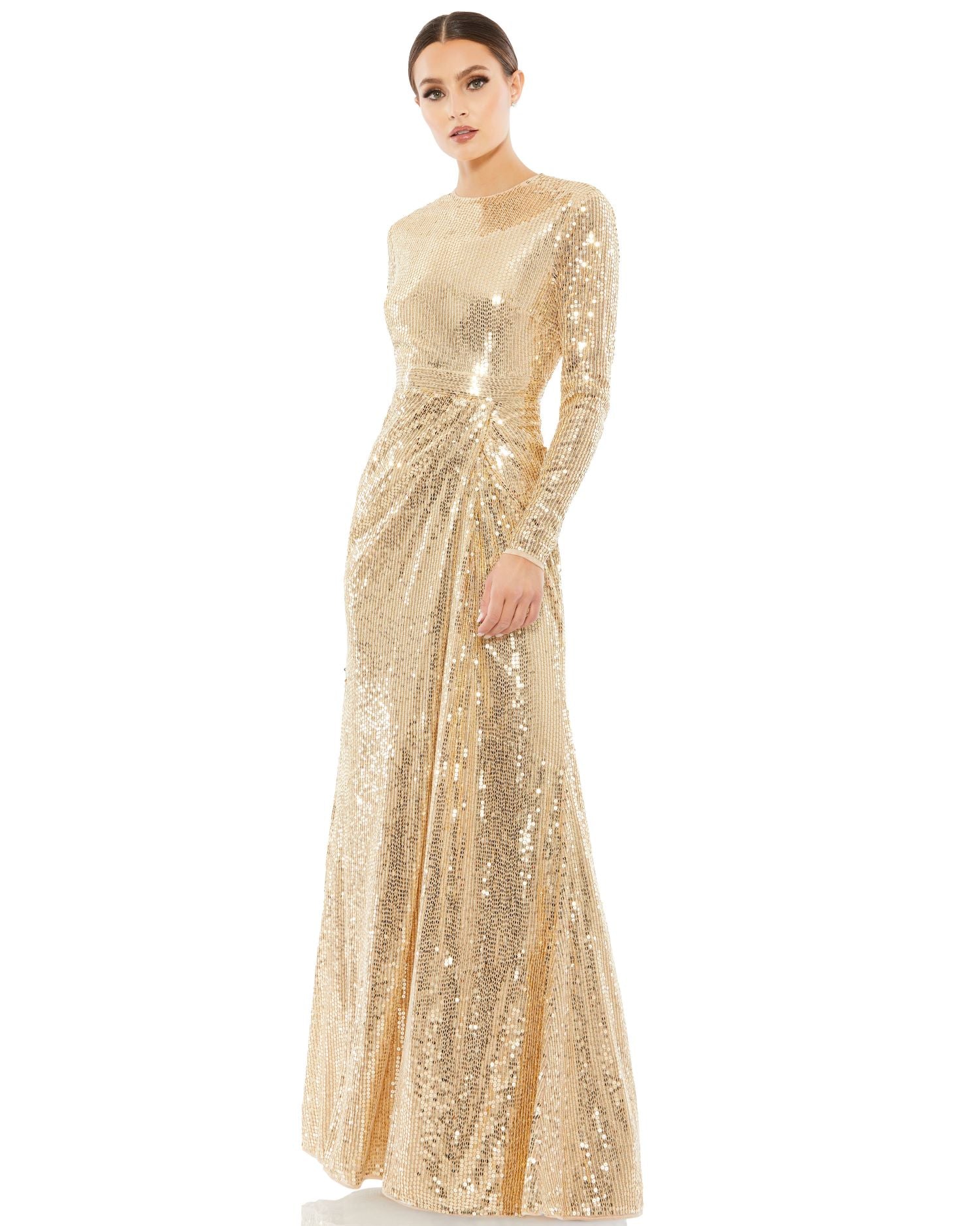Sequined High Neck Long Sleeve Draped Gown
