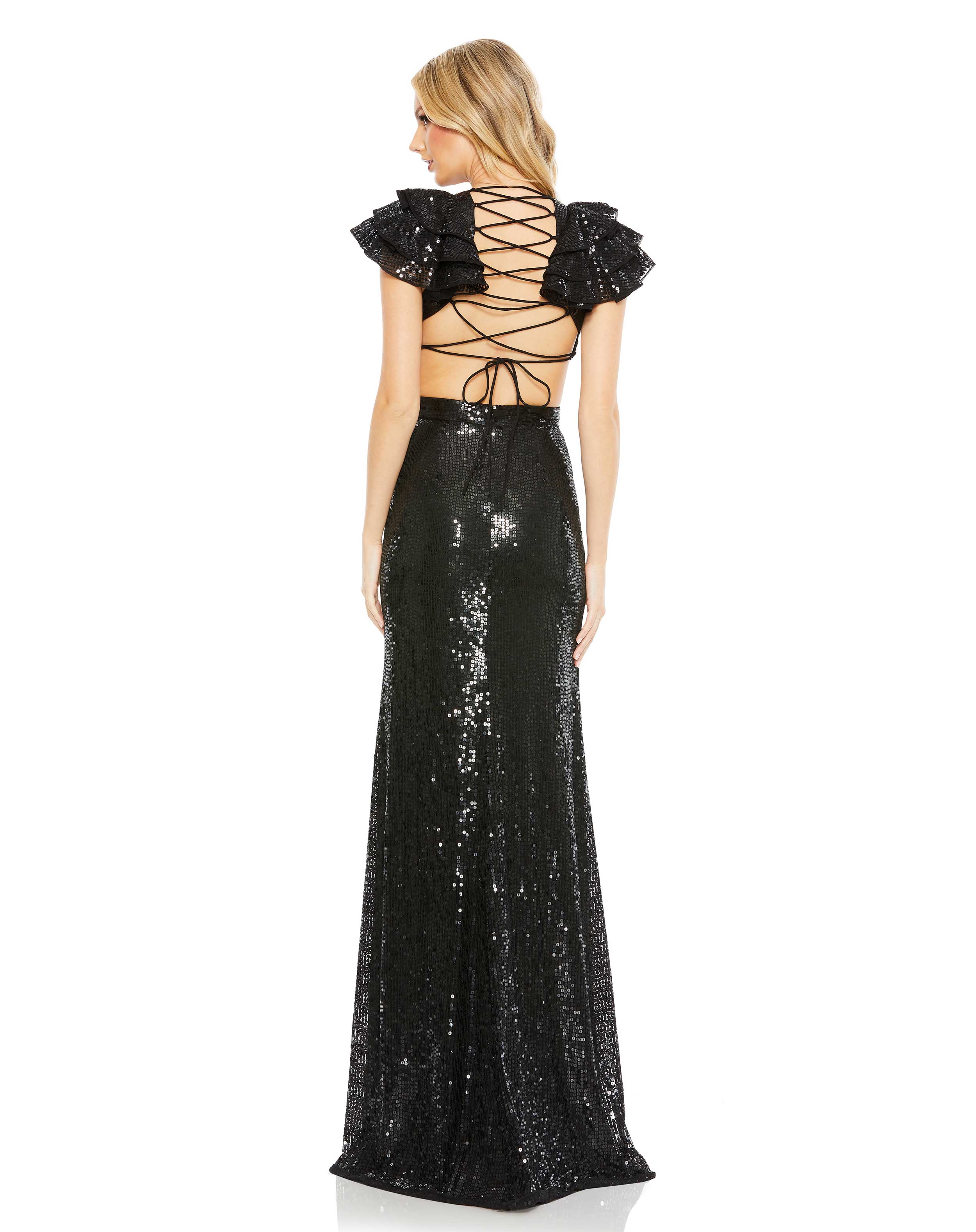 Sequined Ruffled Cut Out Lace Up Gown - FINAL SALE