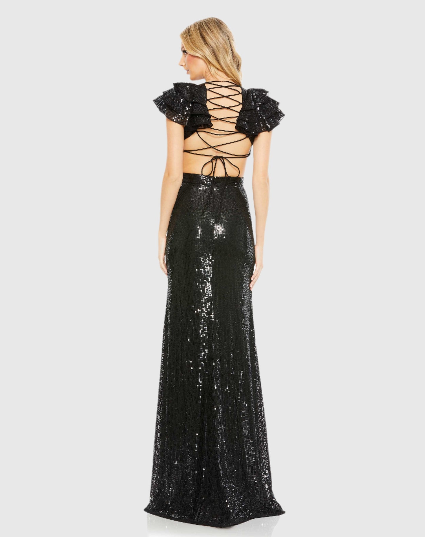 Sequined Ruffled Cut Out Lace Up Gown - FINAL SALE