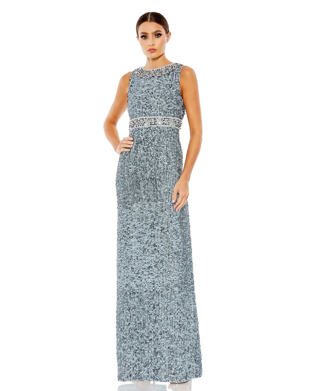 Sequined Sleeveless Embellished Neckline Gown
