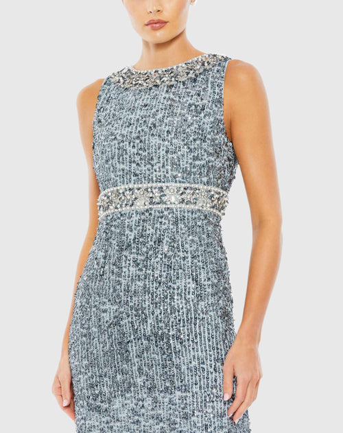 Sequined Sleeveless Embellished Neckline Gown