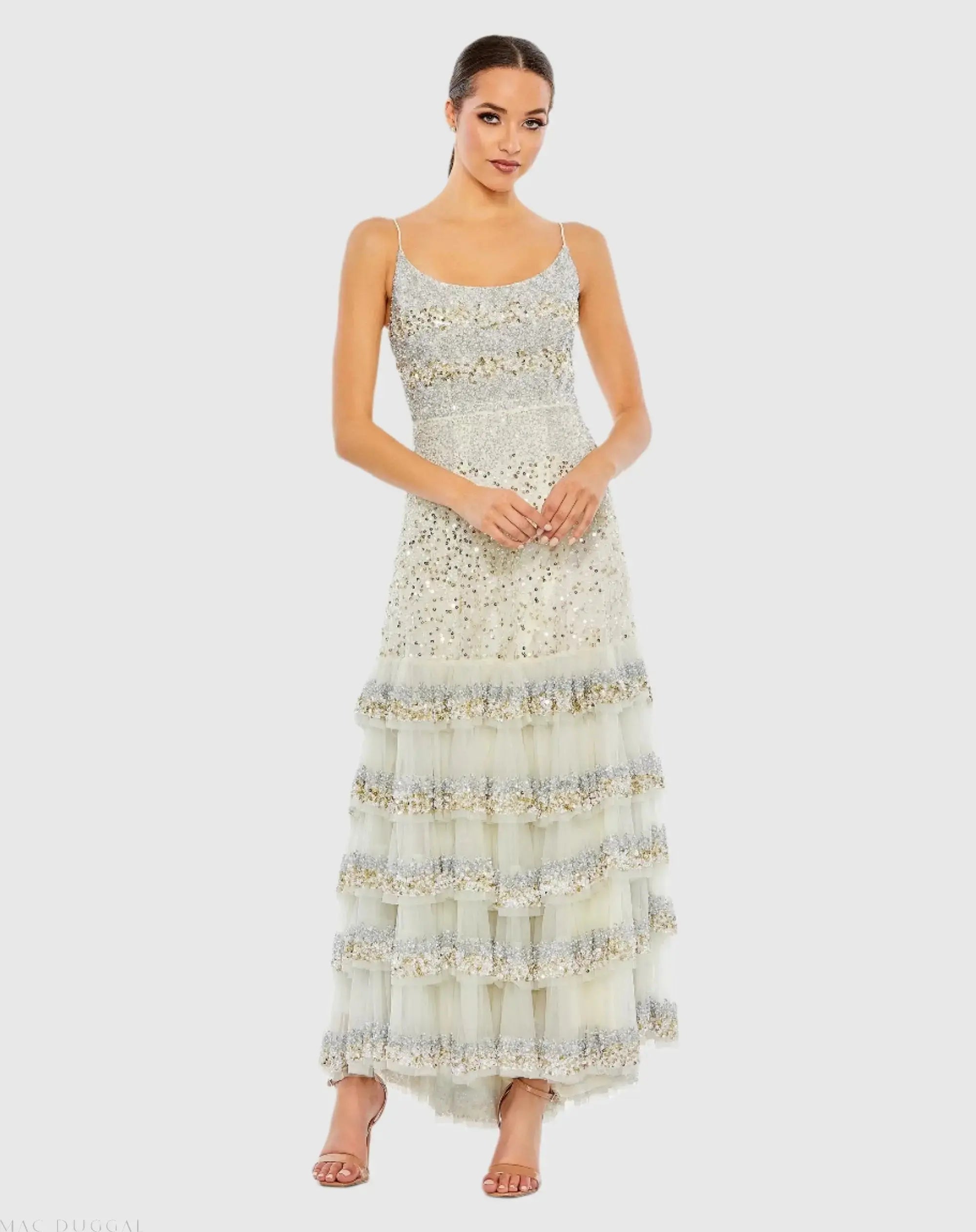 Light Gold Embellished Scoop Neck Tiered Gown - FINAL SALE - Mac Duggal