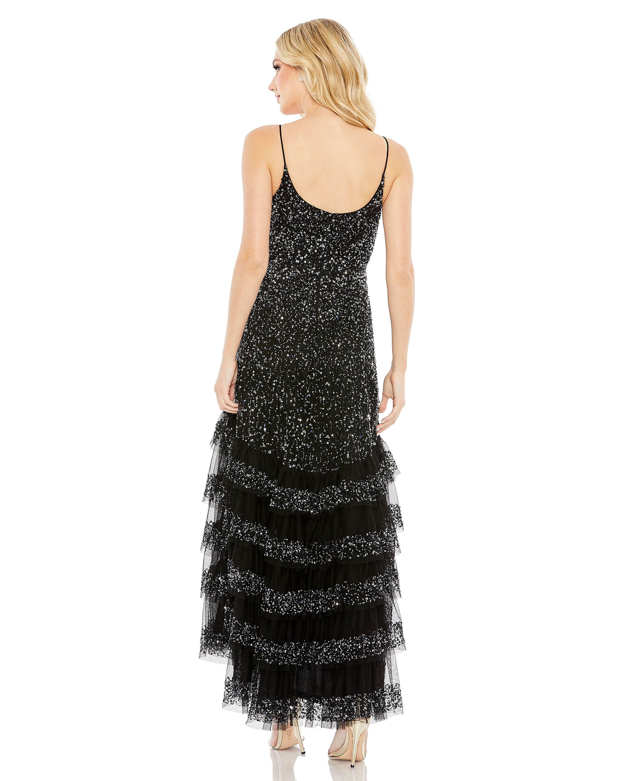 Embellished Scoop Neck Tiered Gown