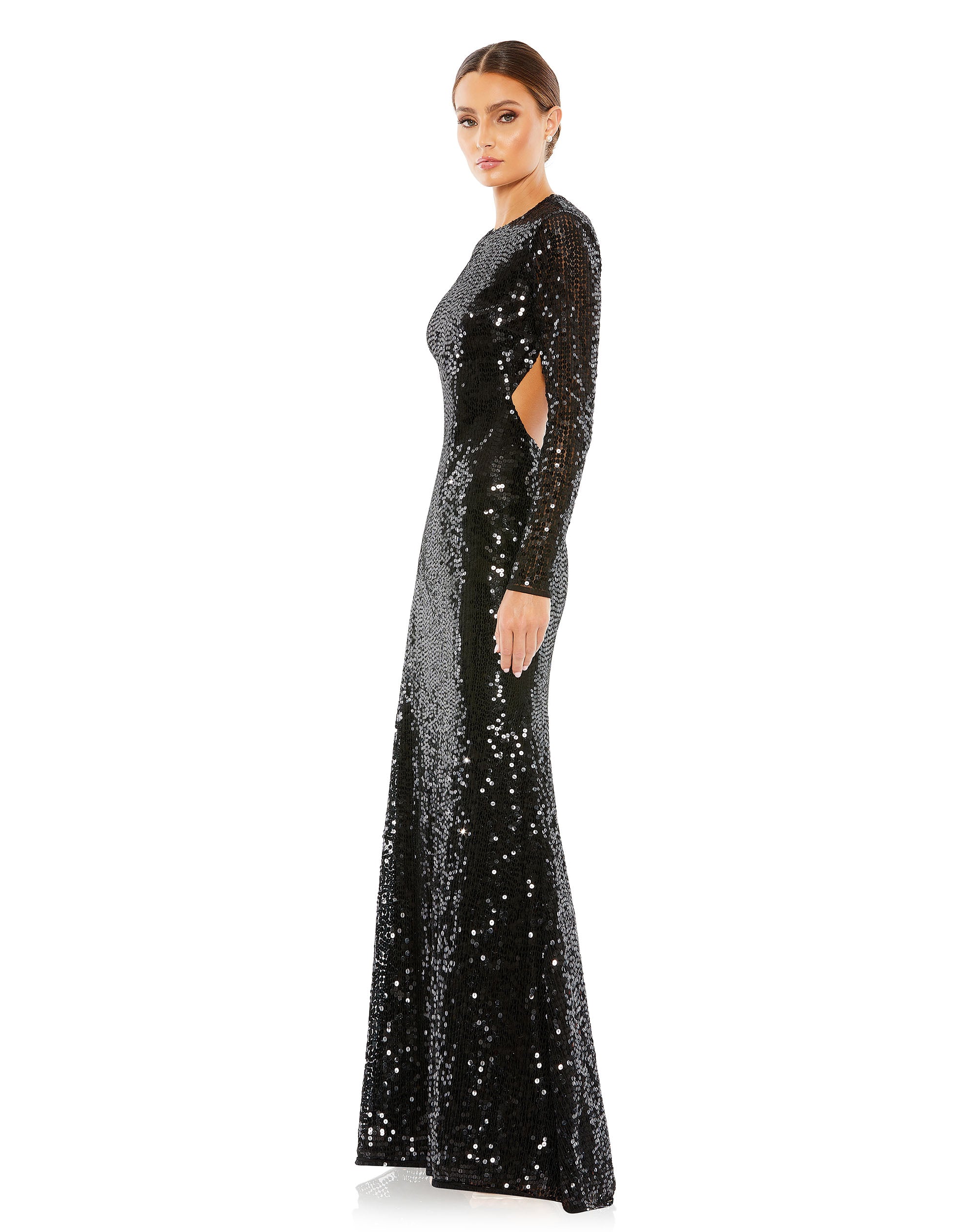 Sequined Long Sleeve High Neck Open Back Gown
