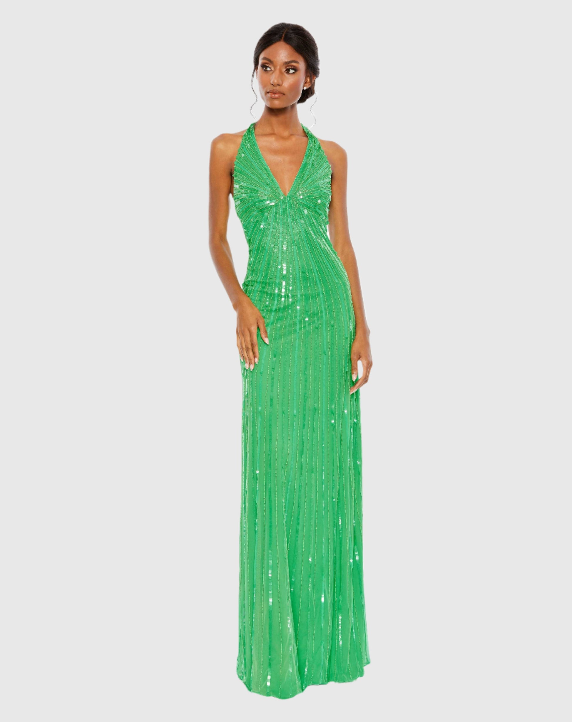 Sequined Halter Strap V Neck Column Gown