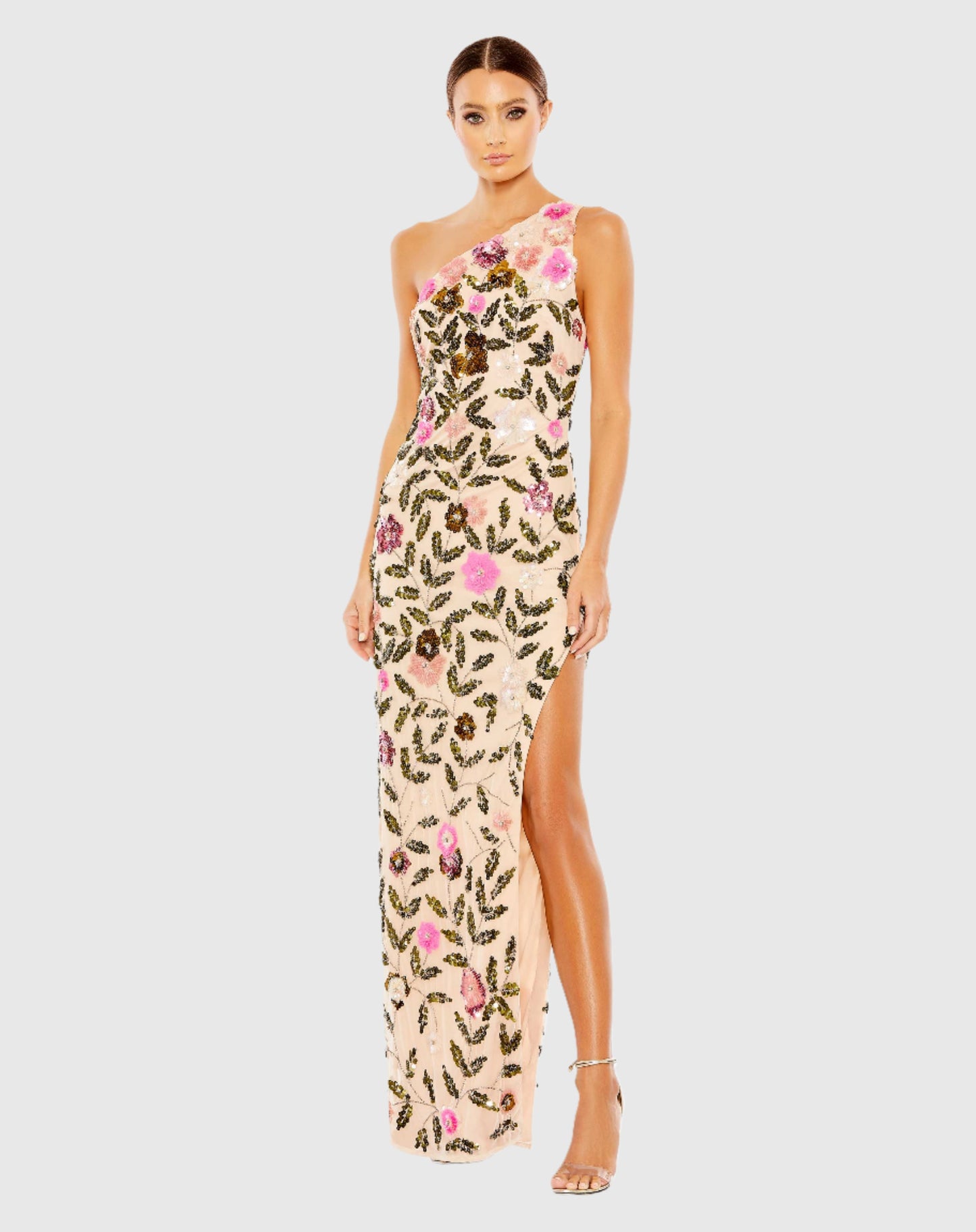 Floral Sequined One Shoulder Column Gown