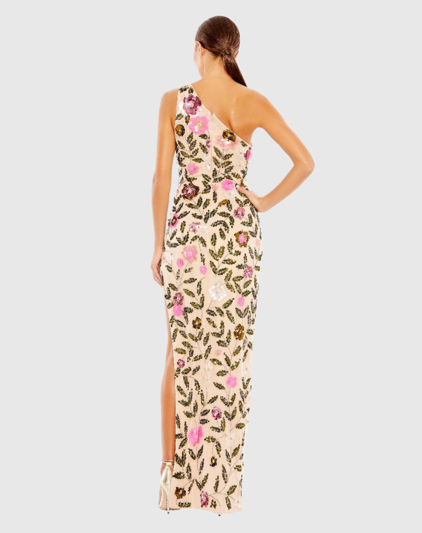 Floral Sequined One Shoulder Column Gown