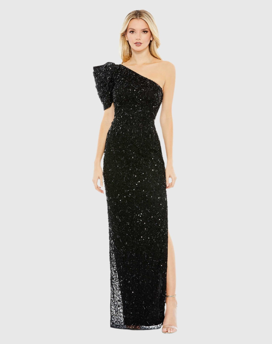 Embellished Puff One Shoulder Column Gown