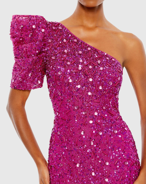 Embellished Puff One Shoulder Column Gown