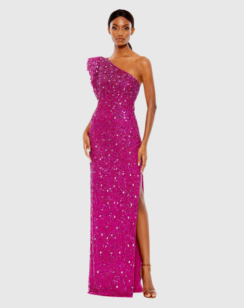 Embellished Puff One Shoulder Column Gown