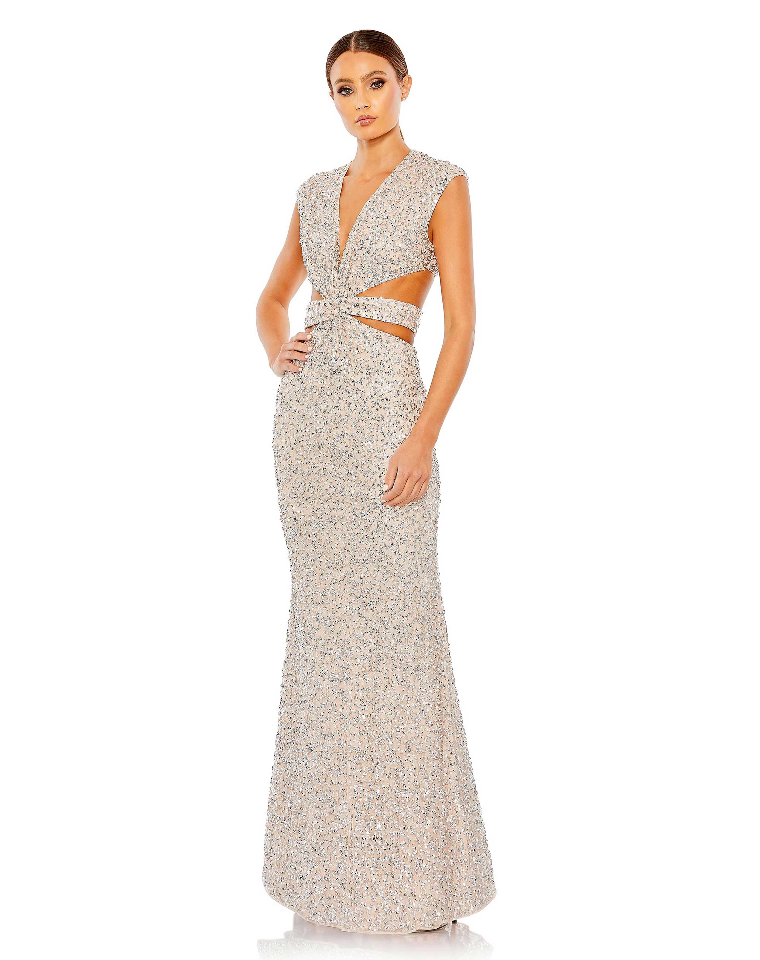 Sequined Cap Sleeveless Plunge Neck Cut Out Gown