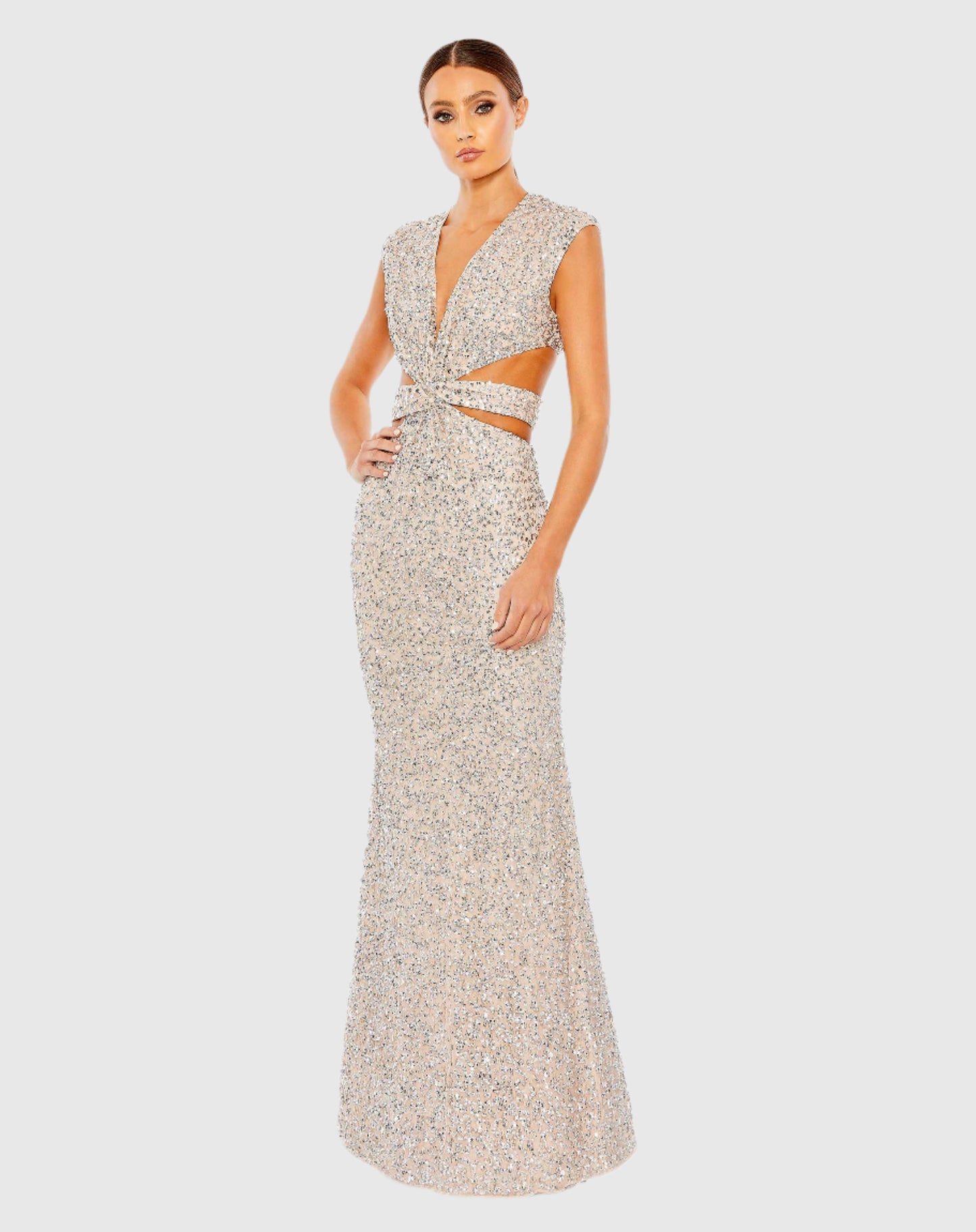 Sequined Cap Sleeve Plunge Neck Cut Out Gown