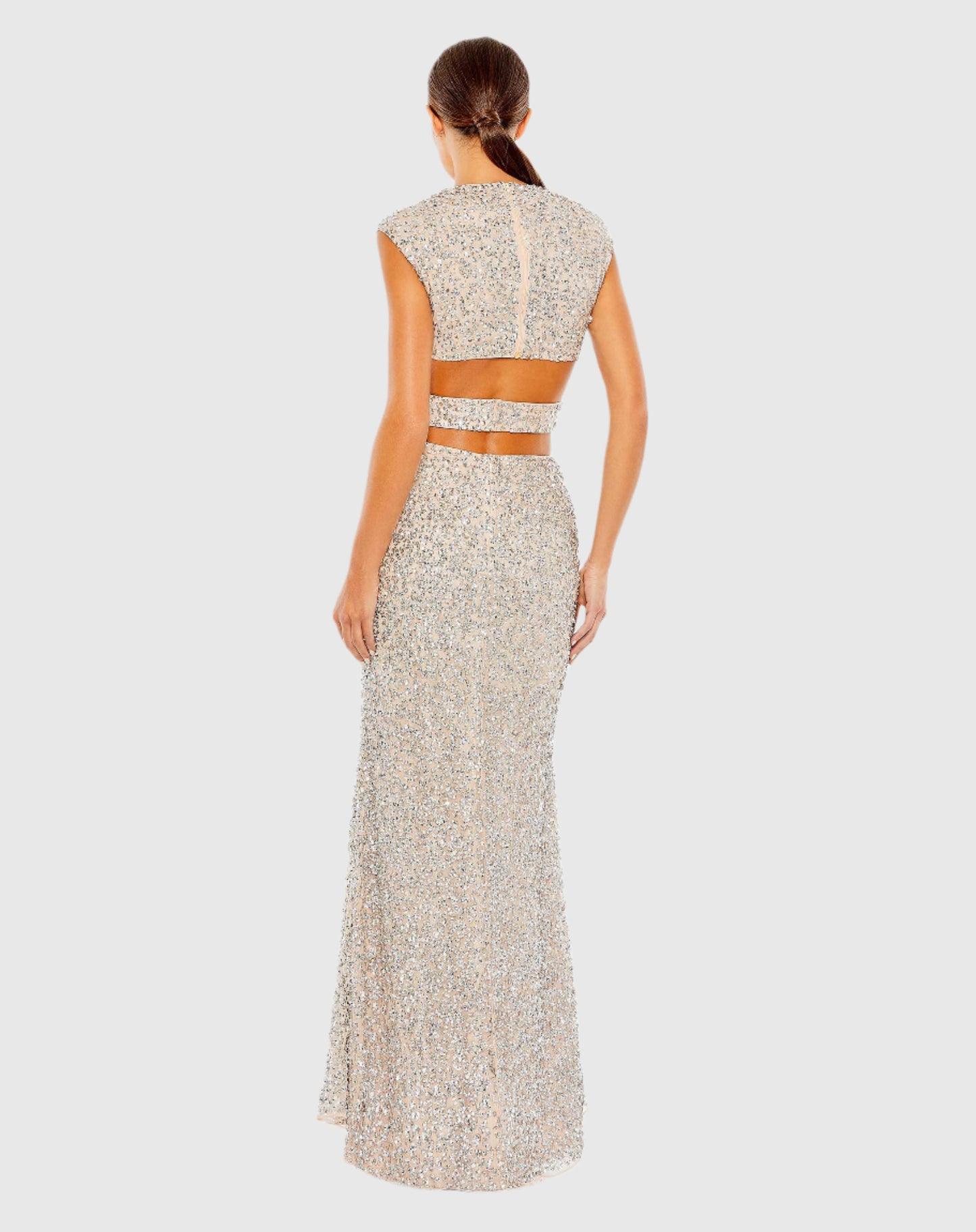 Sequined Cap Sleeve Plunge Neck Cut Out Gown