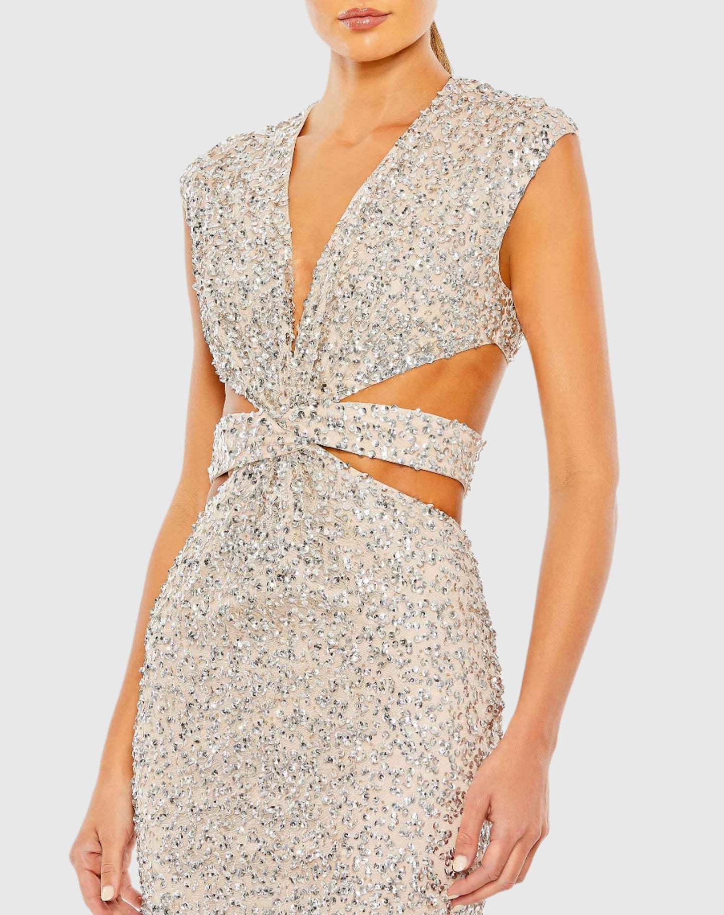 Sequined Cap Sleeve Plunge Neck Cut Out Gown