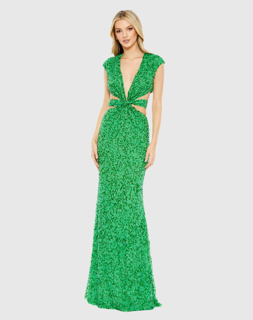 Sequined Cap Sleeve Plunge Neck Cut Out Gown