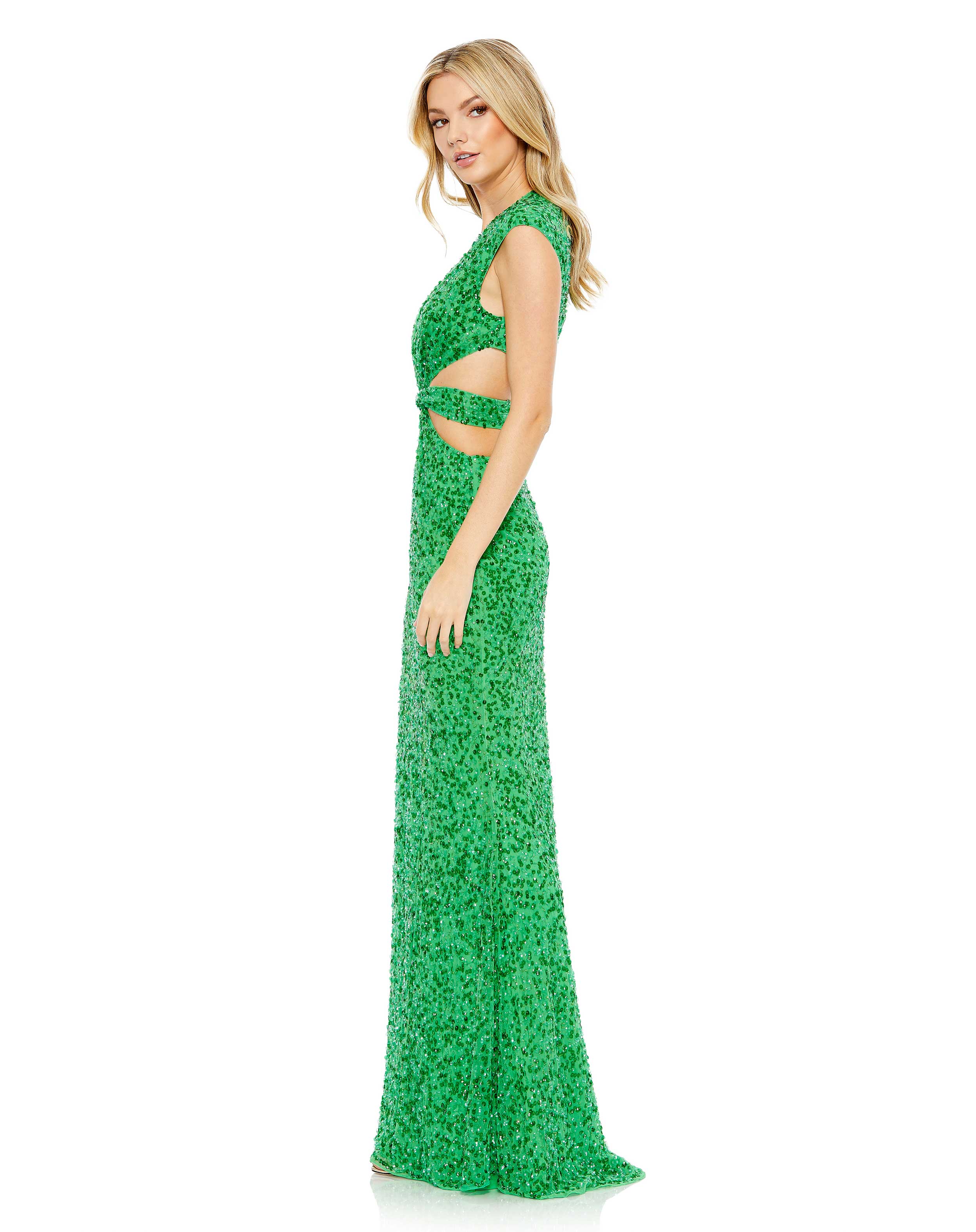 Sequined Cap Sleeve Plunge Neck Cut Out Gown