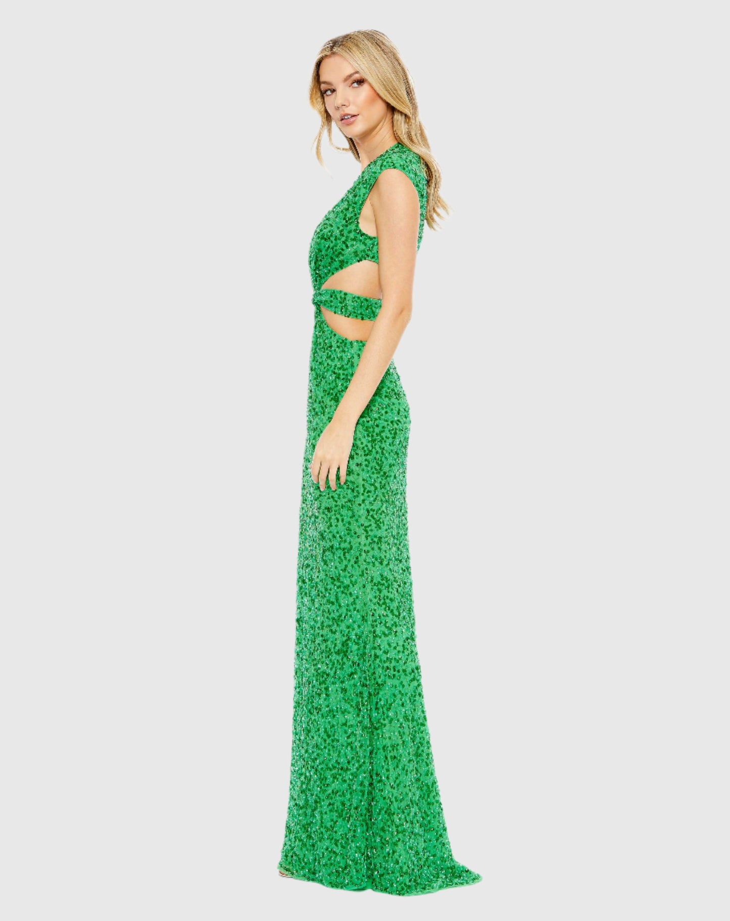 Sequined Cap Sleeve Plunge Neck Cut Out Gown