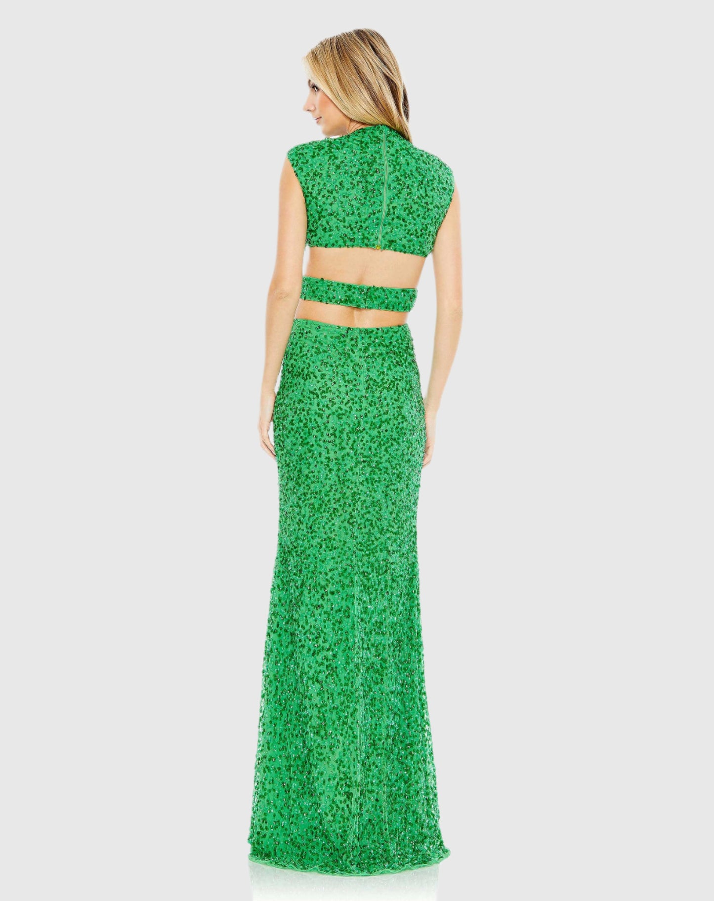 Sequined Cap Sleeve Plunge Neck Cut Out Gown