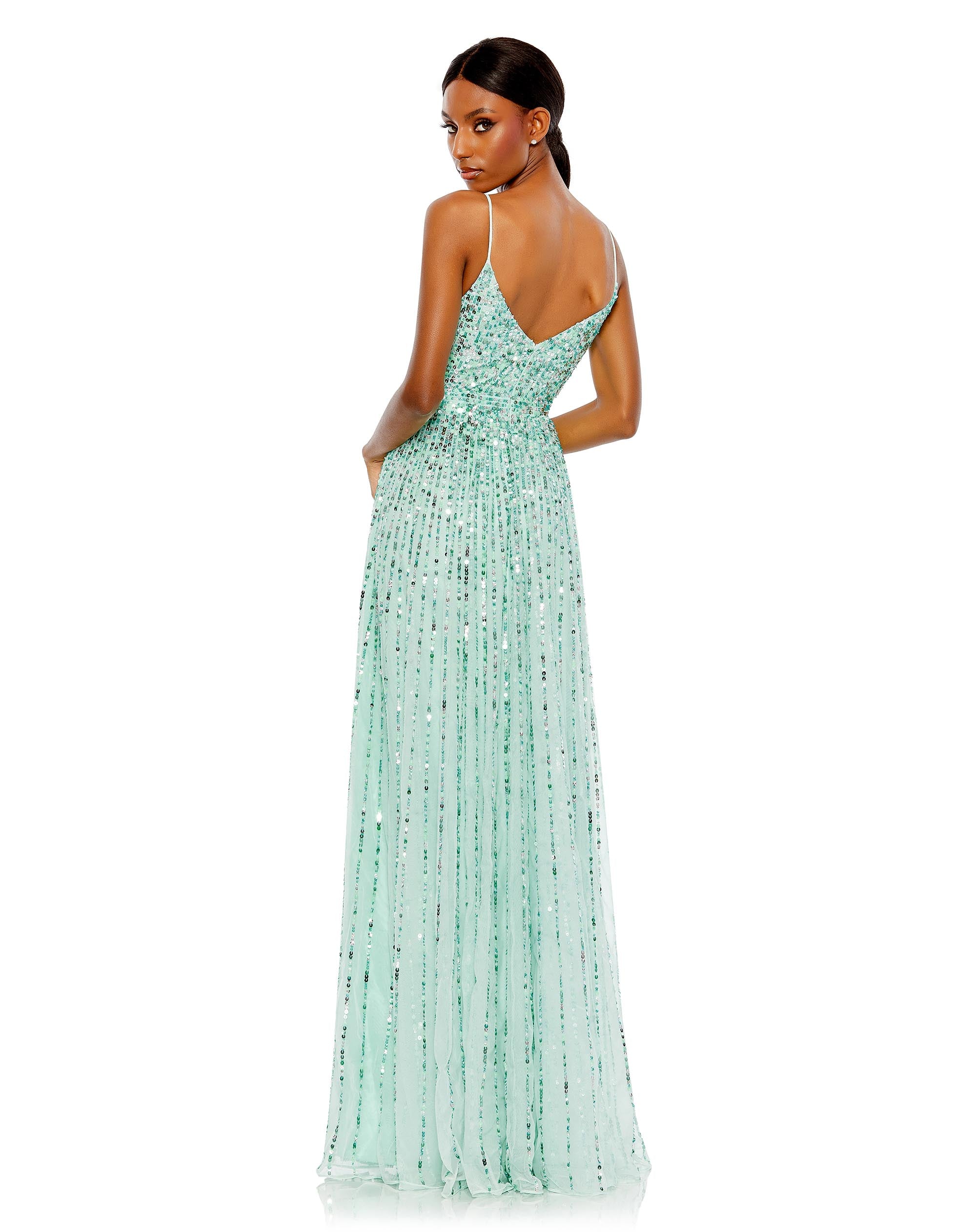 Sequined Sleeveless Wrap Over A Line Gown
