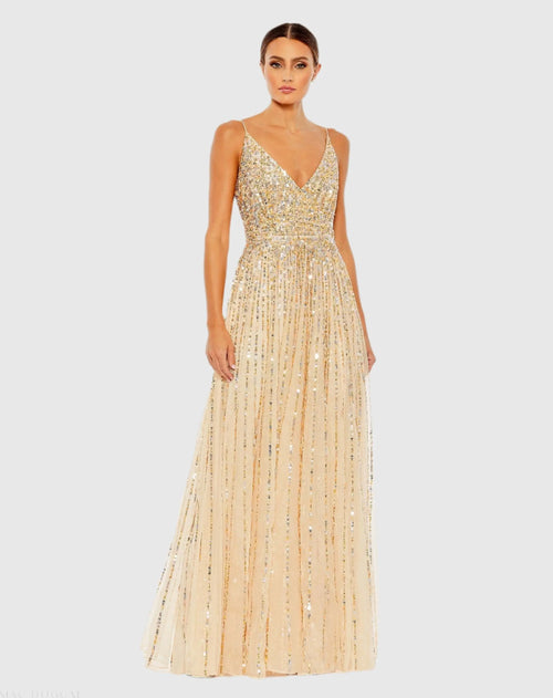 Beige Sequined Sleeveless Wrap Over A Line Gown - Mac Duggal