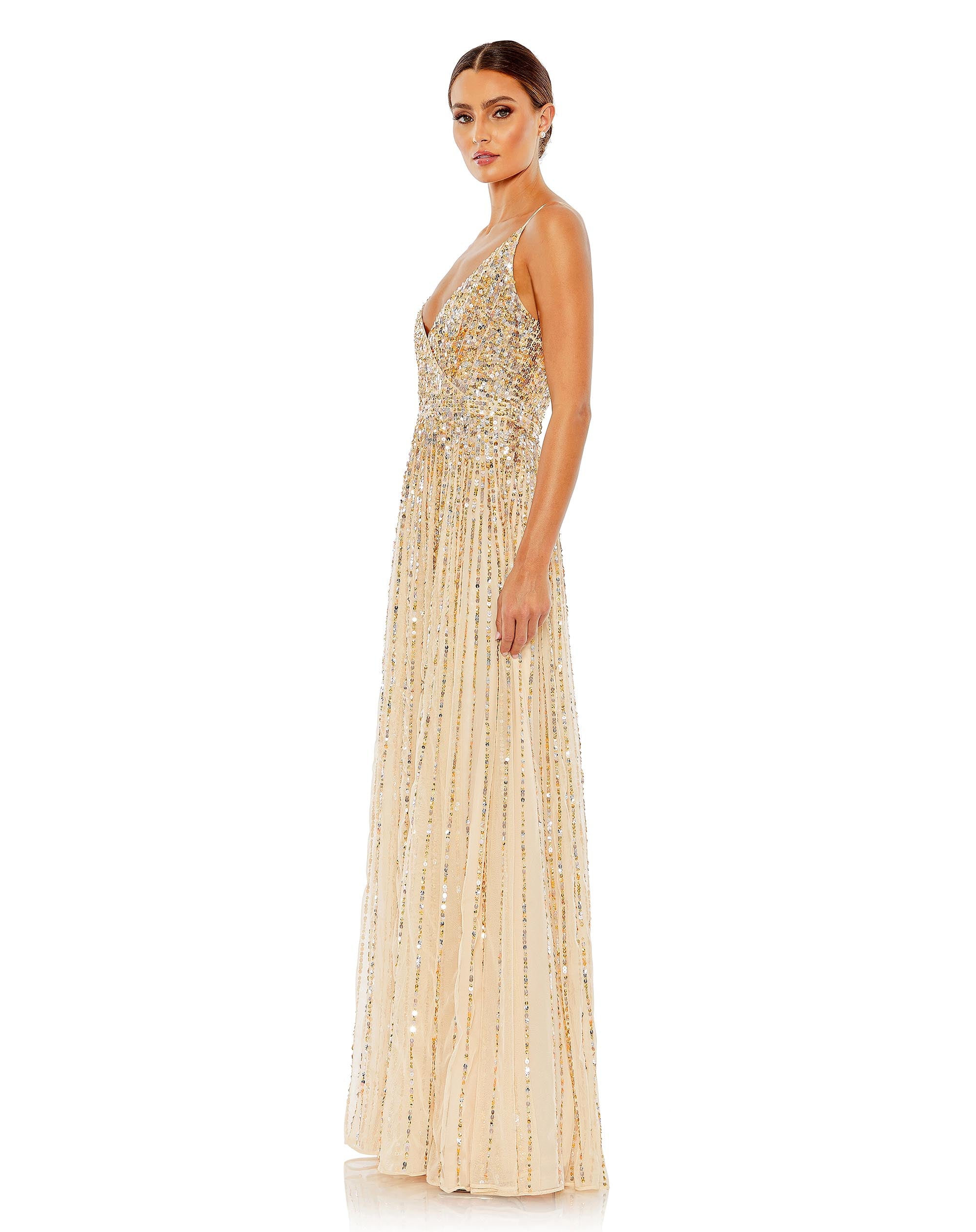 Sequined Sleeveless Wrap Over A Line Gown - FINAL SALE