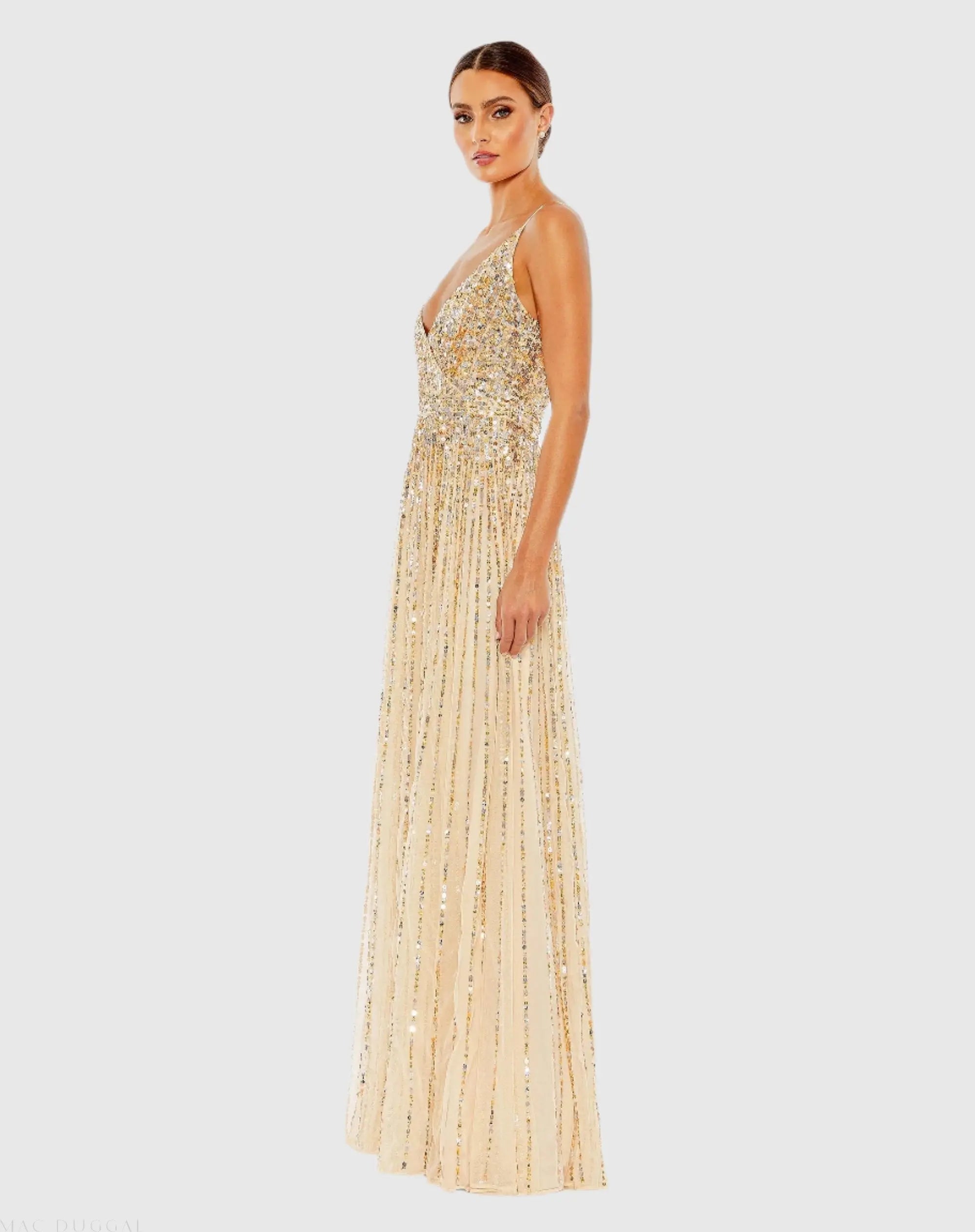 Beige Sequined Sleeveless Wrap Over A Line Gown - Mac Duggal