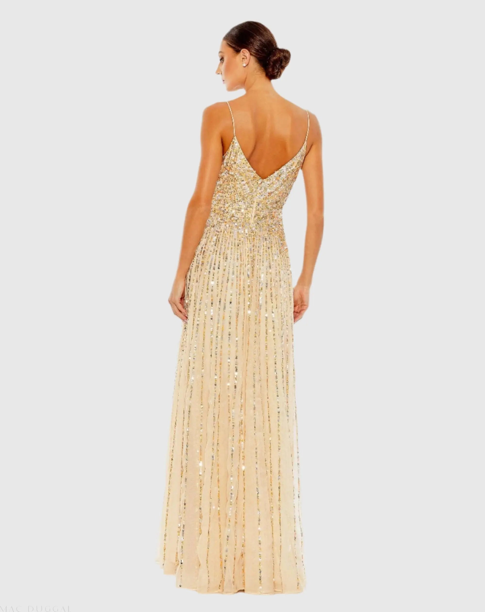 Beige Sequined Sleeveless Wrap Over A Line Gown - Mac Duggal