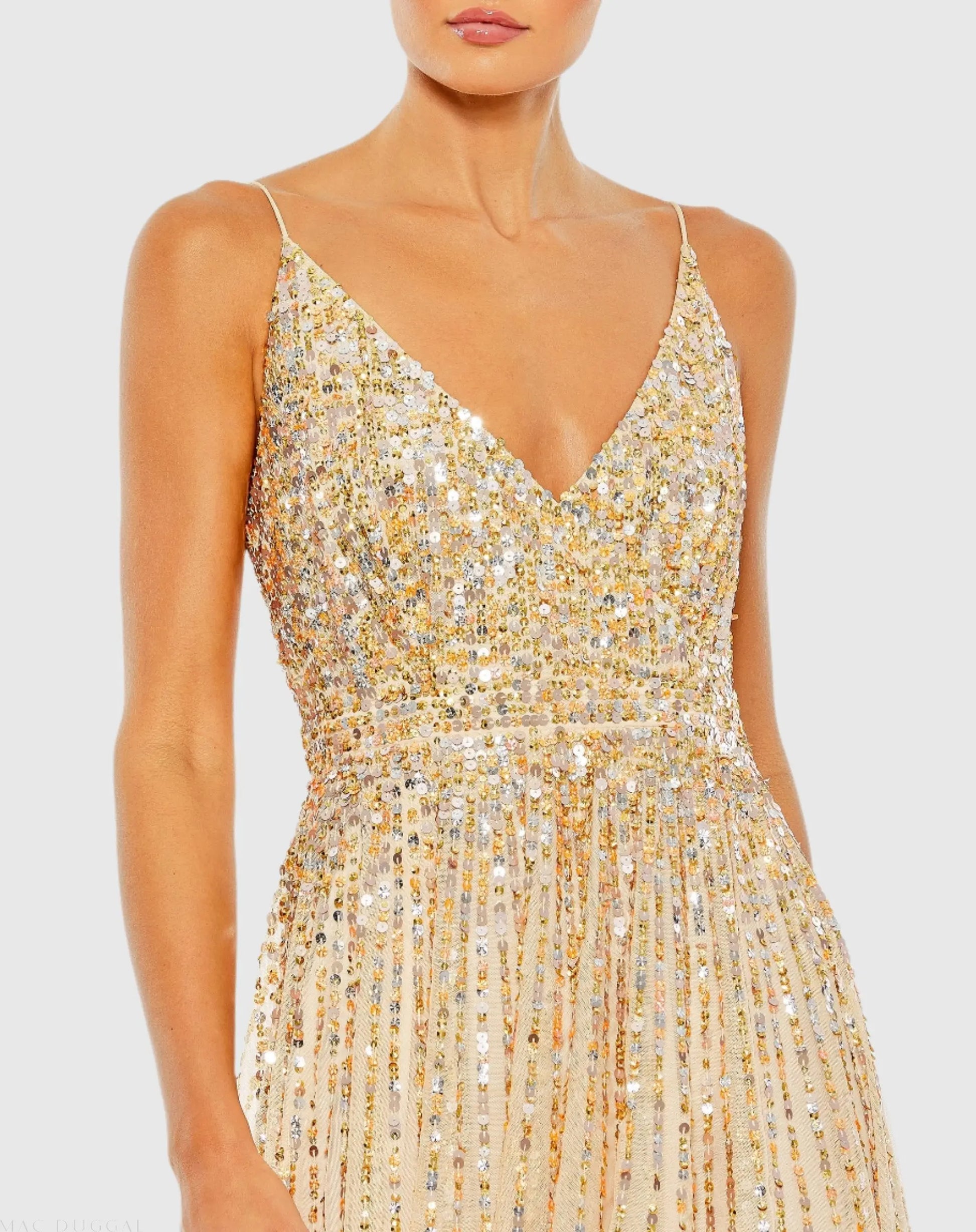 Mac Duggal - Beige Sequined Sleeveless Wrap Over A Line Gown - US 0 Mac Duggal - Beige Sequined Sleeveless Wrap Over A Line Gown - US 0