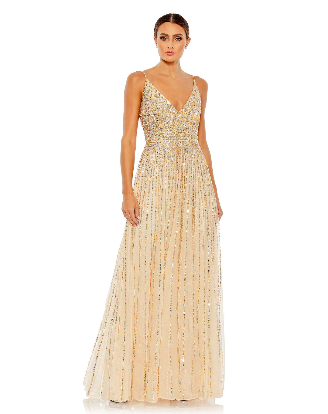 Sequined Sleeveless Wrap Over A Line Gown – Mac Duggal