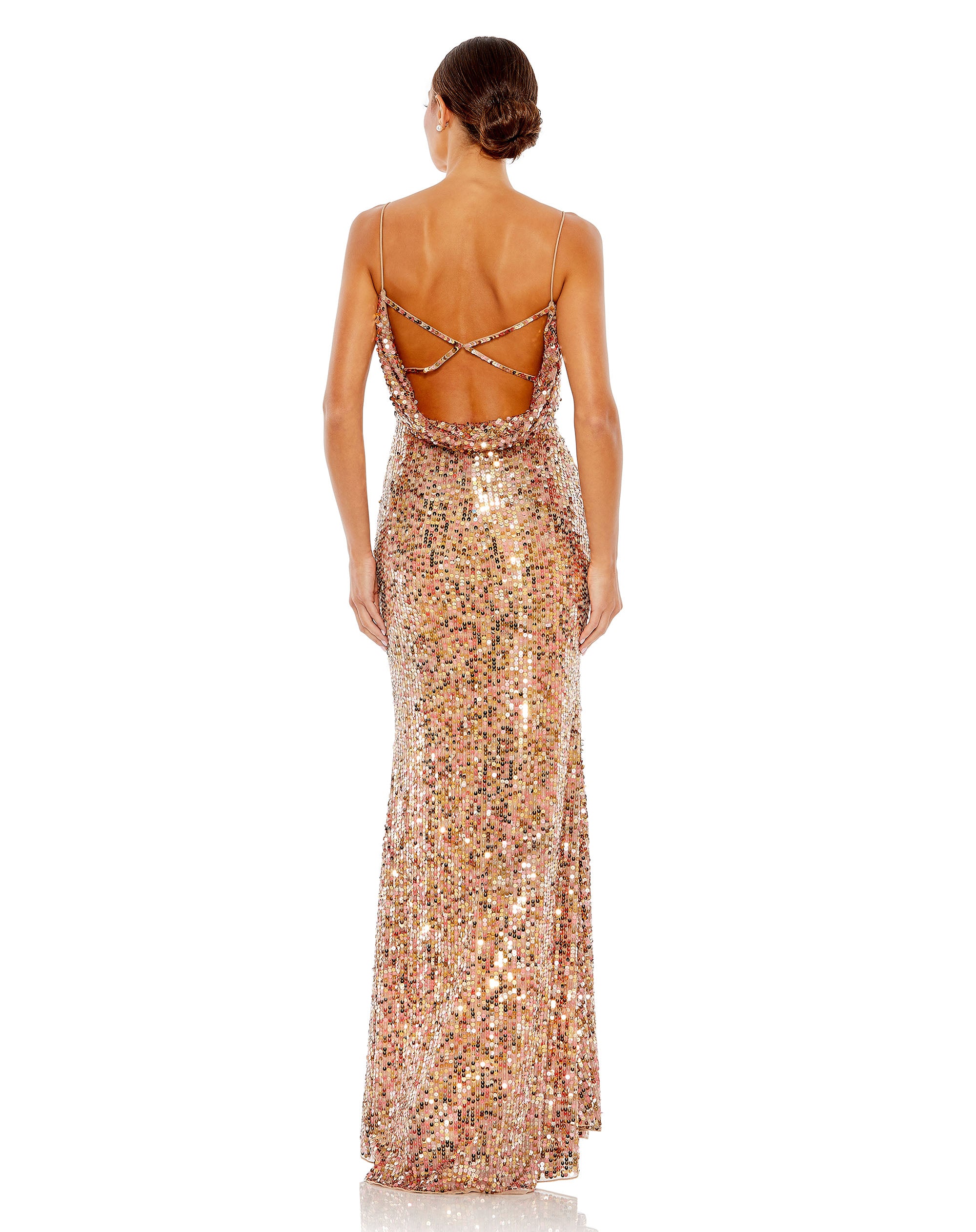 Sequined Spaghetti Strap Cowl Back Gown