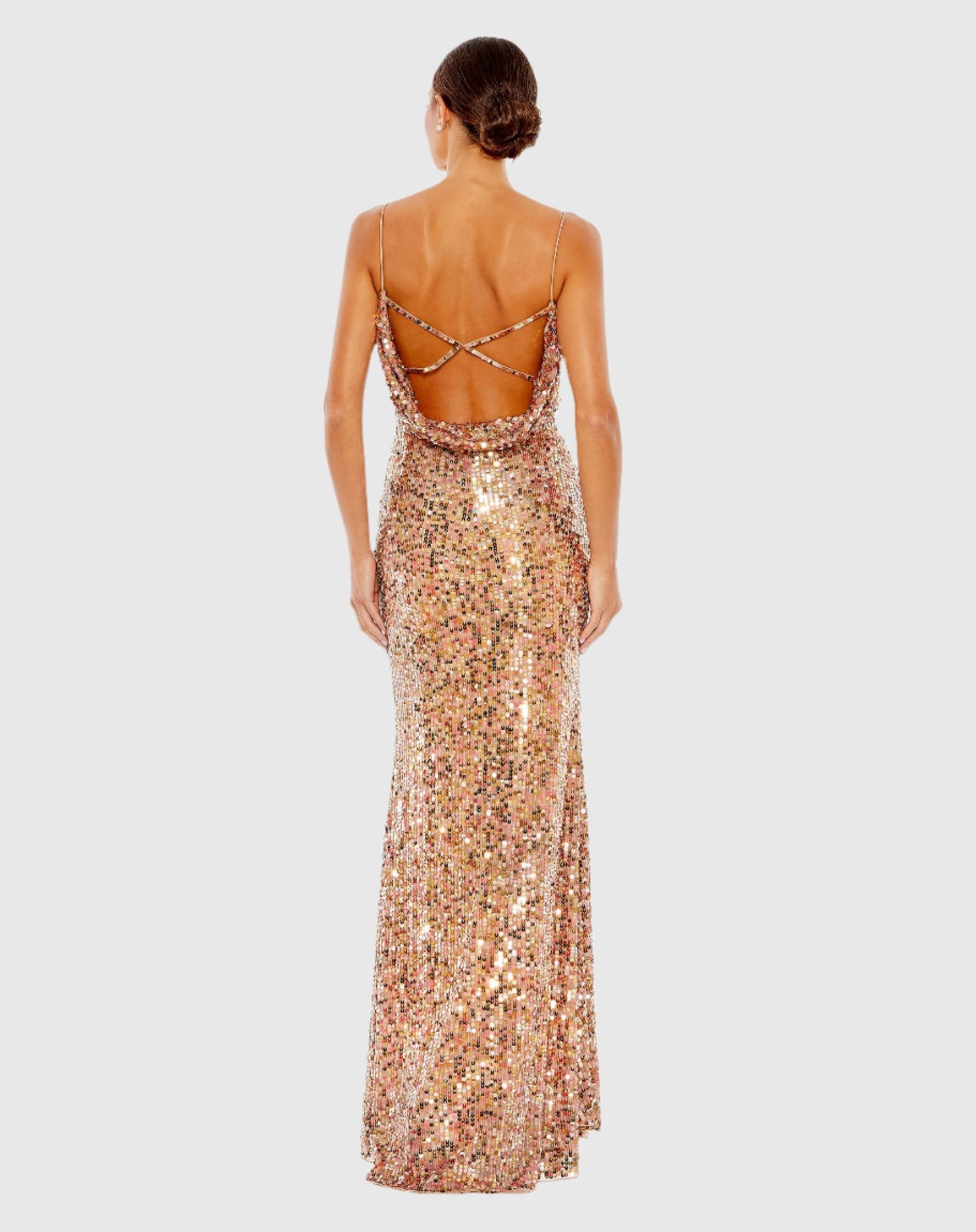 Sequined Spaghetti Strap Cowl Back Gown